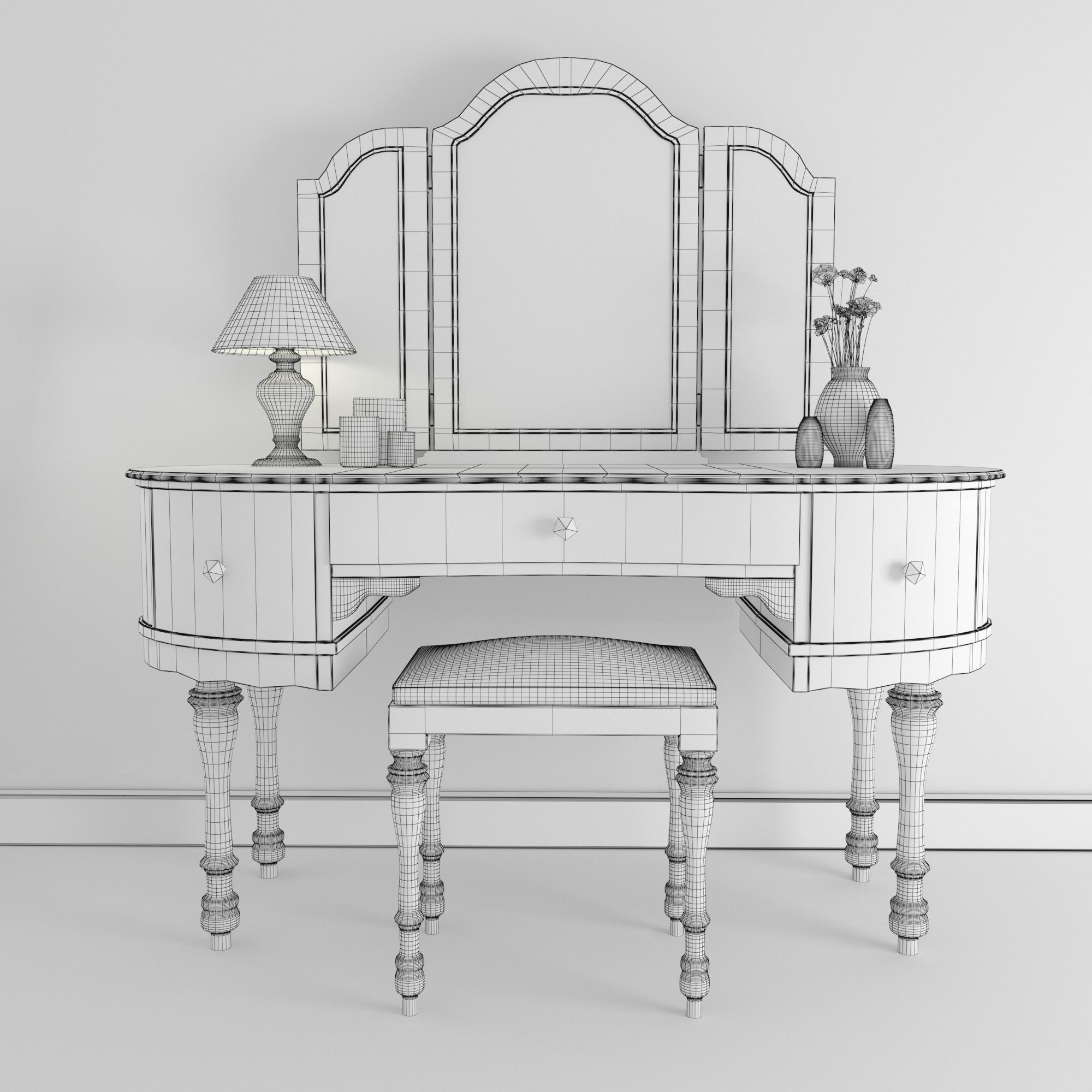 Vintage Buffet and MakeUp Desk Set 3D model_24