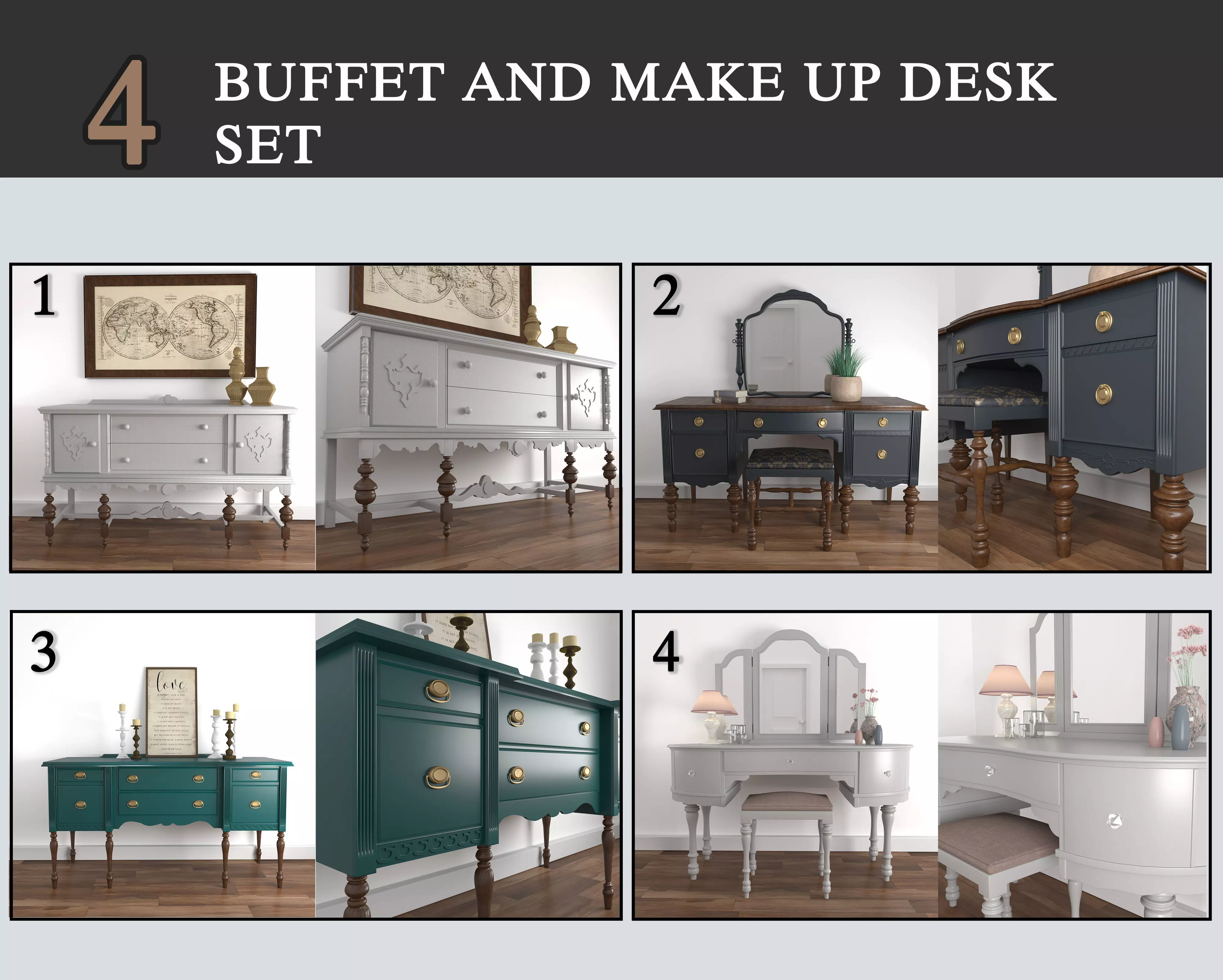Vintage Buffet and MakeUp Desk Set 3D model_0