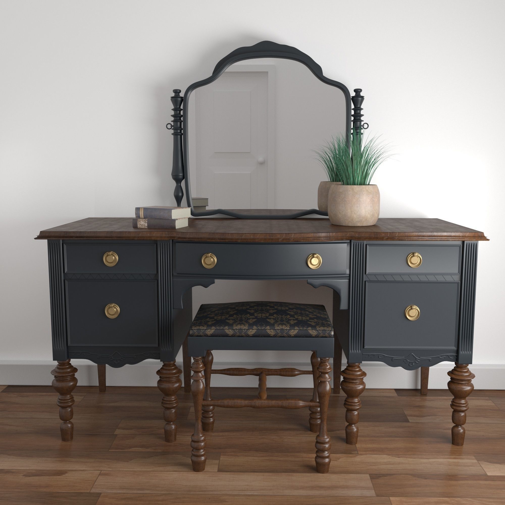 Vintage Buffet and MakeUp Desk Set 3D model_3