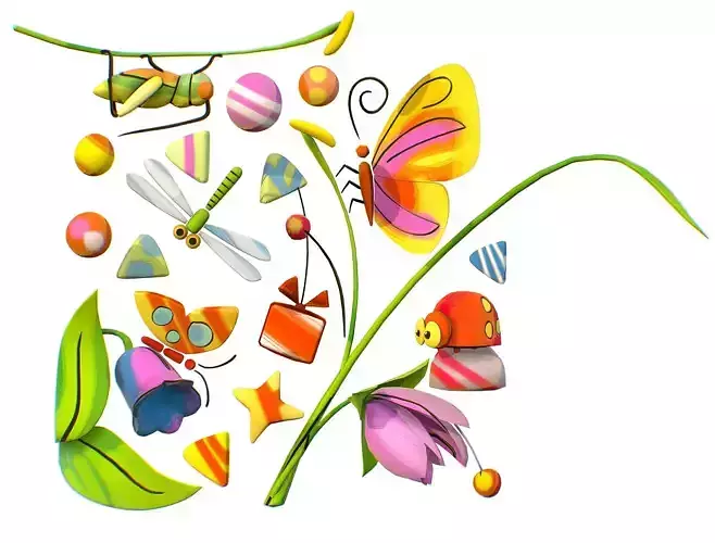 Animation Cartoon 3D illustration Flowers Insect Low-poly 3D model