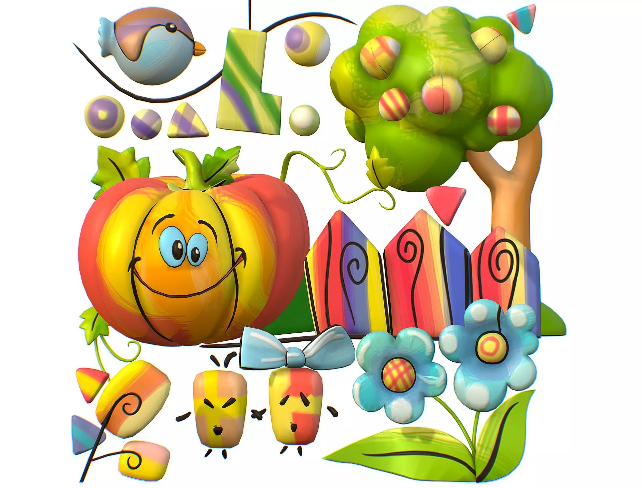 Animation Cartoon 3D illustration Pumpkin Sparrow Garden Low-poly 3D model