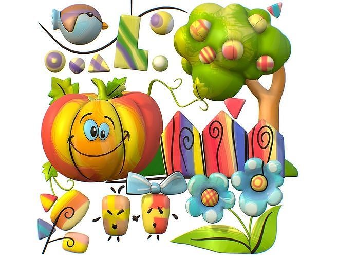 Animation Cartoon 3D illustration Pumpkin Sparrow Garden Low-poly 3D model