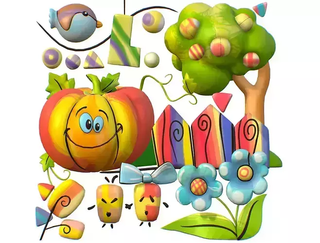 Animation Cartoon 3D illustration Pumpkin Sparrow Garden Low-poly 3D model