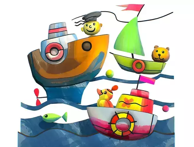Cartoon 3D illustration Fish Ship Steamship