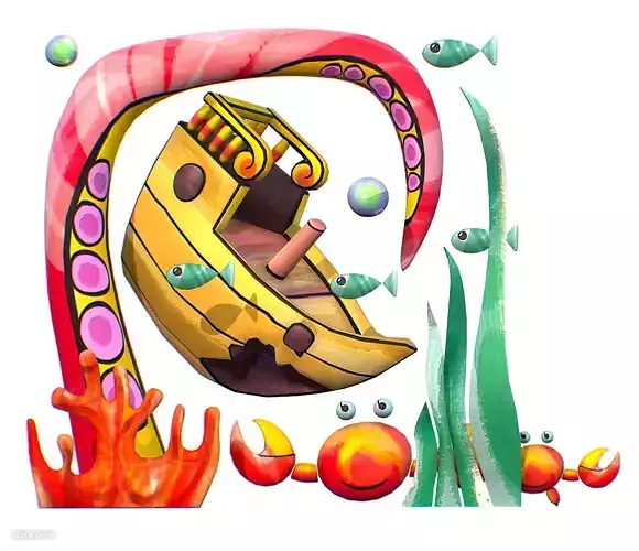Cartoon 3D illustration Sea Animal Sunken Ship Low-poly 3D model