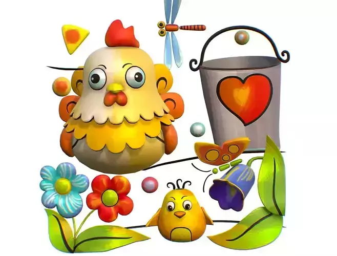 Cartoon 3D illustration Farm Scene Chicken Chick Low-poly 3D model