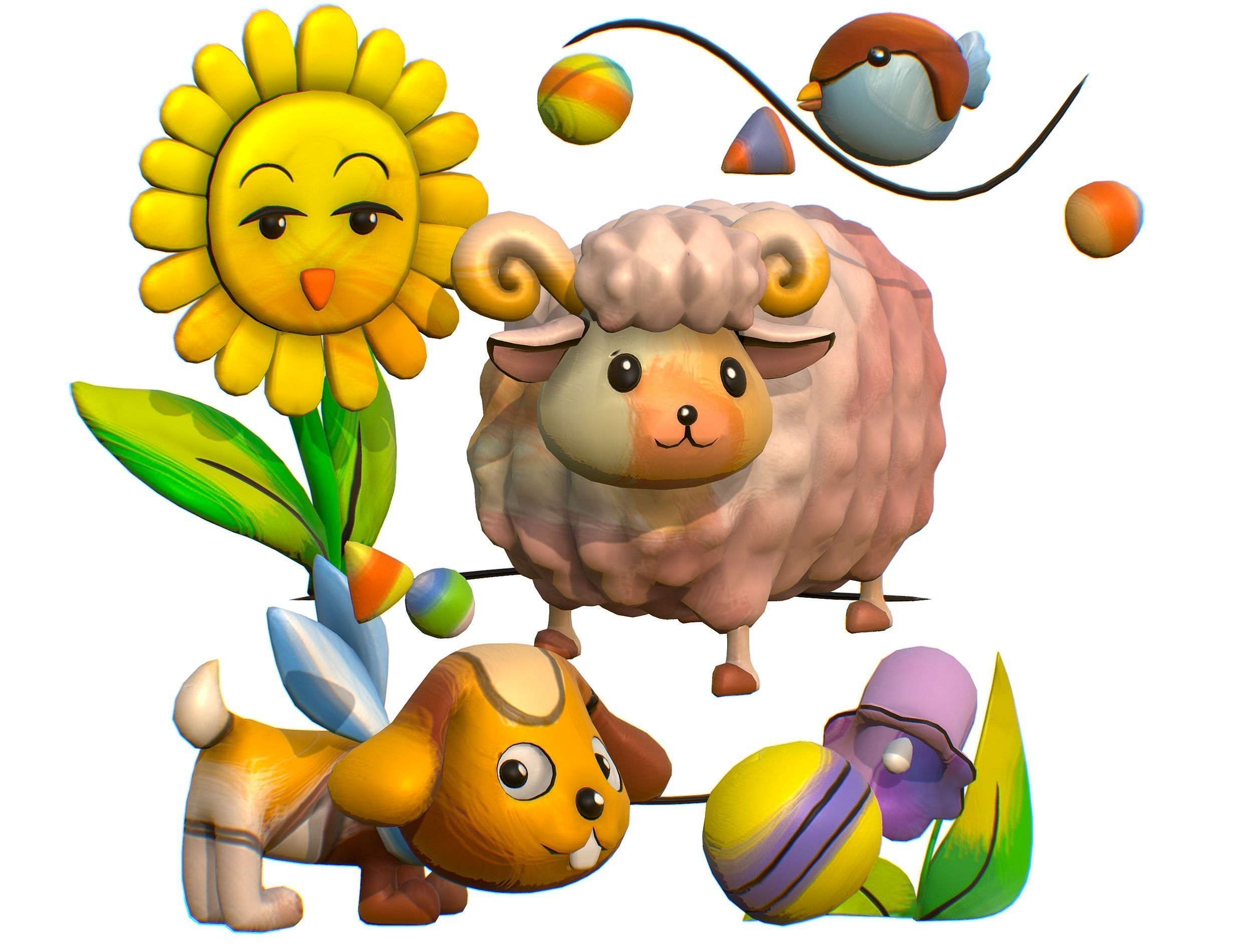 Cartoon 3D illustration Dog Sheep Sunflower Bird 3D model_1