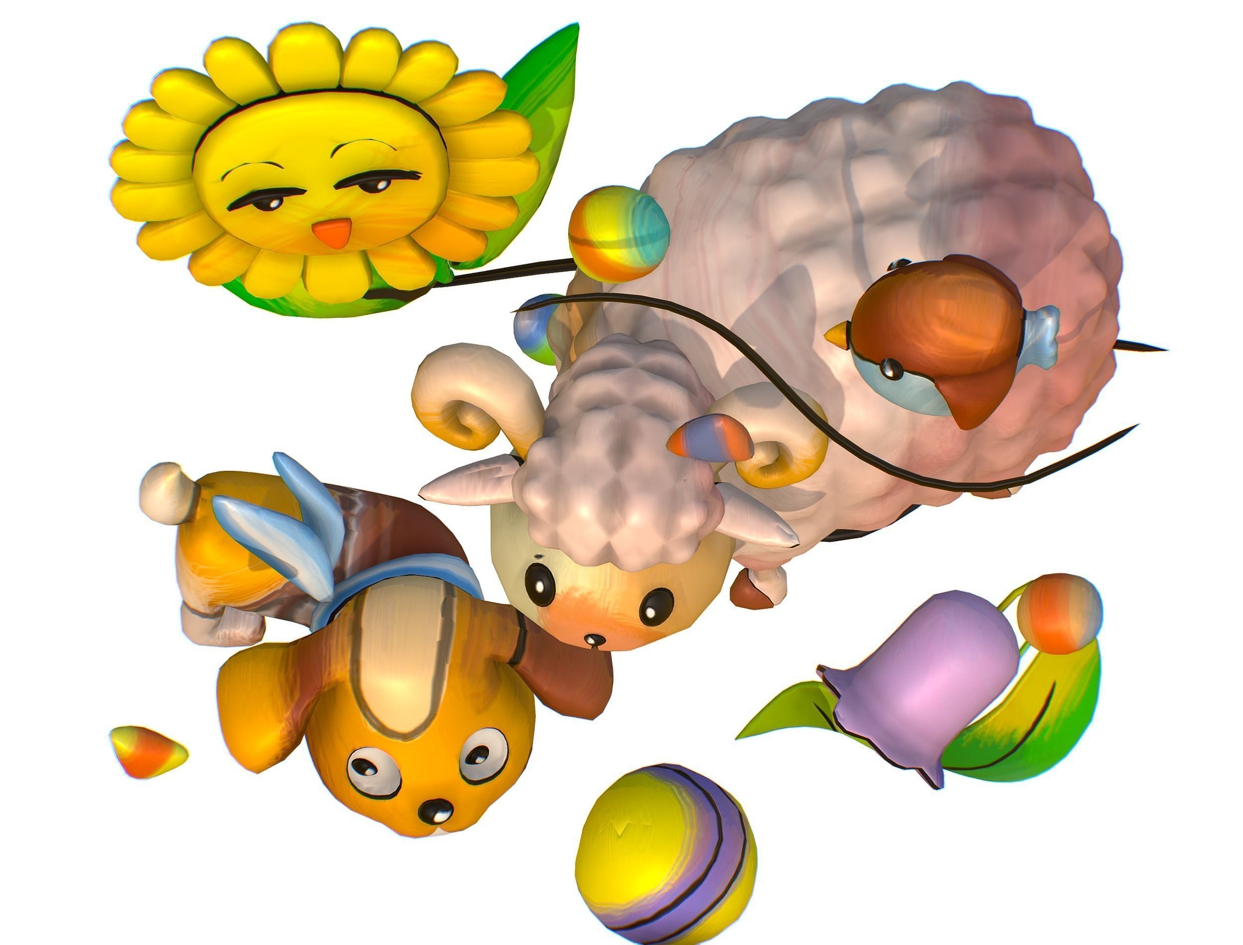 Cartoon 3D illustration Dog Sheep Sunflower Bird 3D model_8