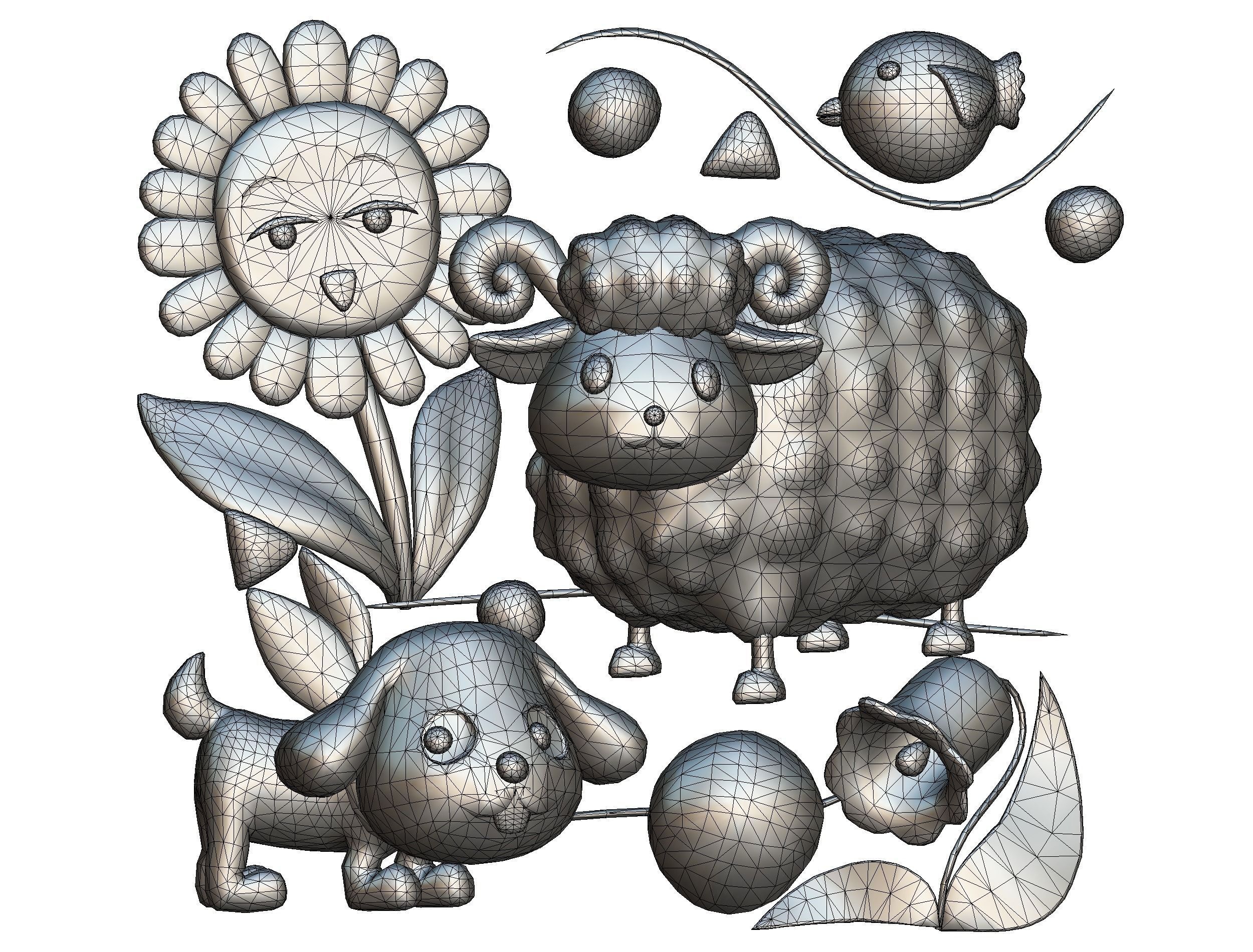 Cartoon 3D illustration Dog Sheep Sunflower Bird 3D model_12