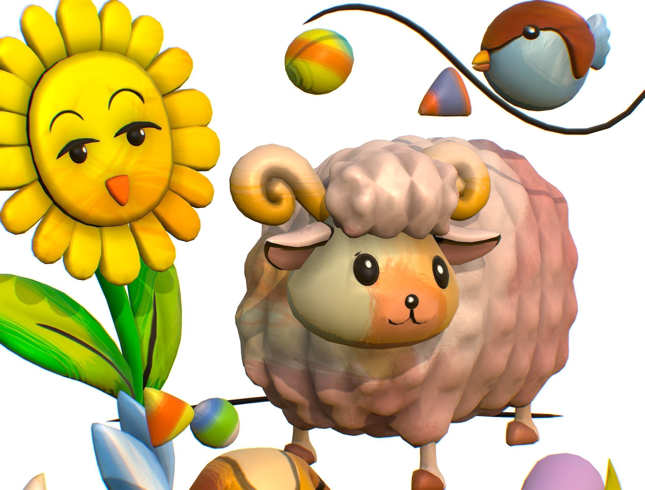 Cartoon 3D illustration Dog Sheep Sunflower Bird 3D model_3