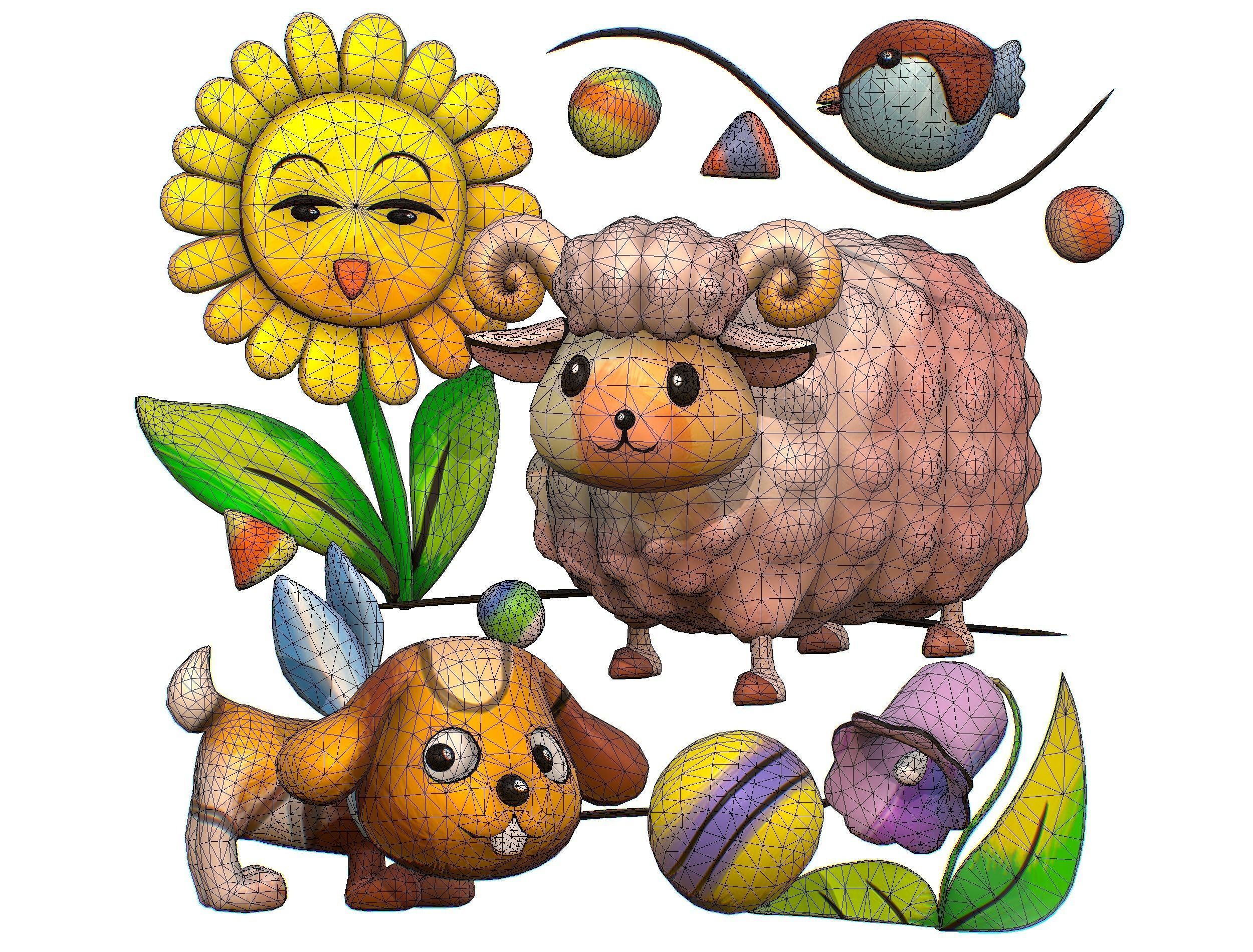 Cartoon 3D illustration Dog Sheep Sunflower Bird 3D model_10