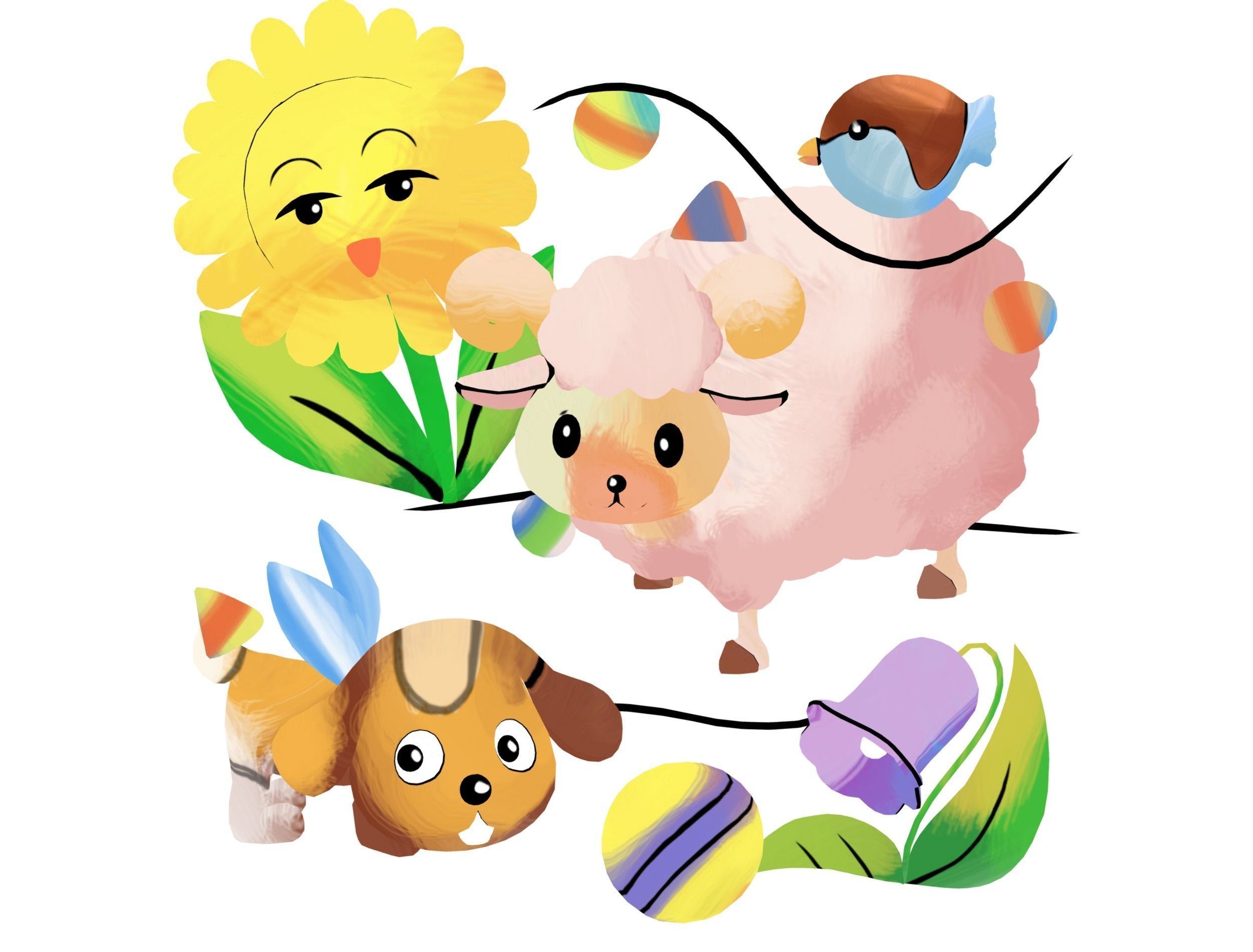 Cartoon 3D illustration Dog Sheep Sunflower Bird 3D model_19