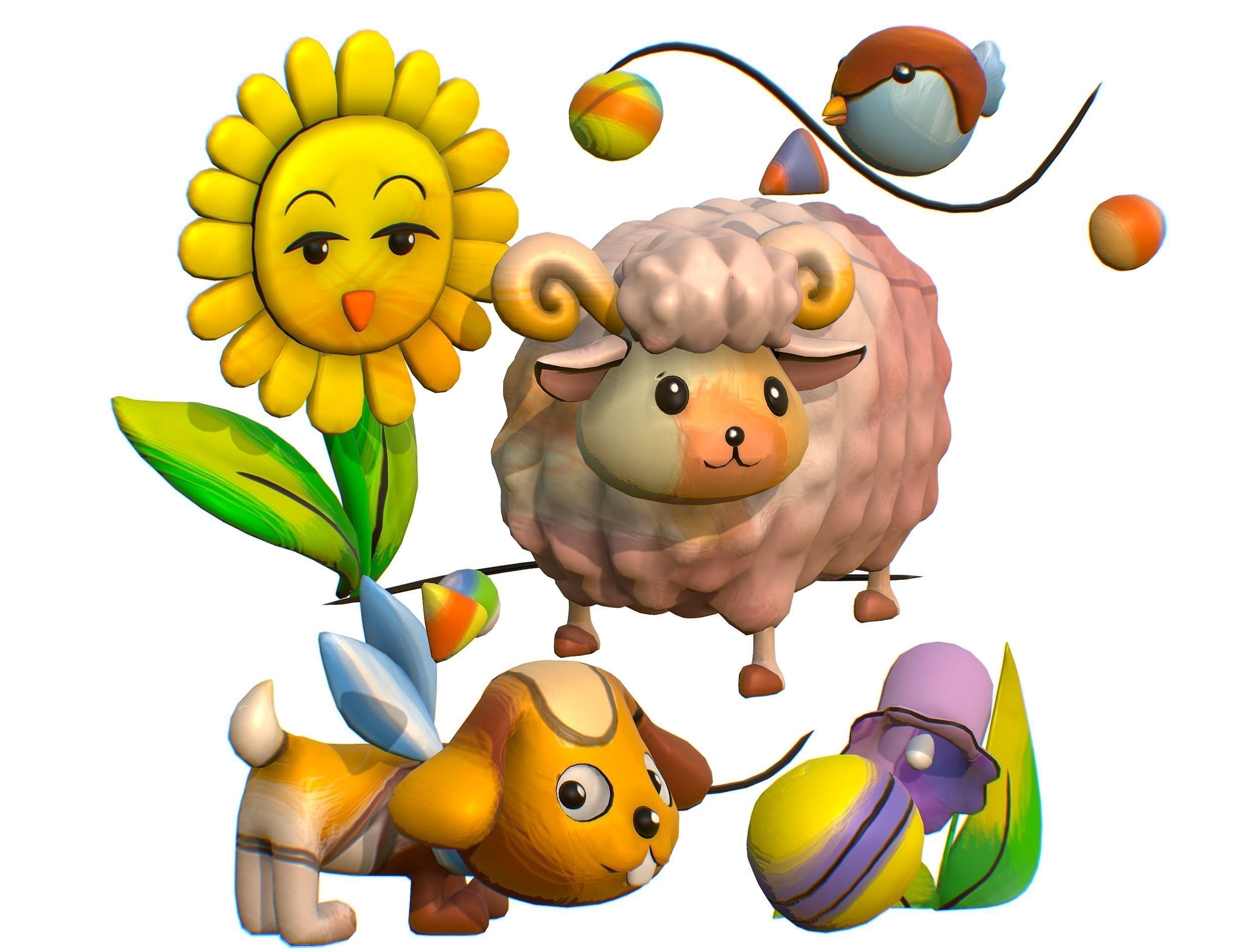 Cartoon 3D illustration Dog Sheep Sunflower Bird 3D model_9