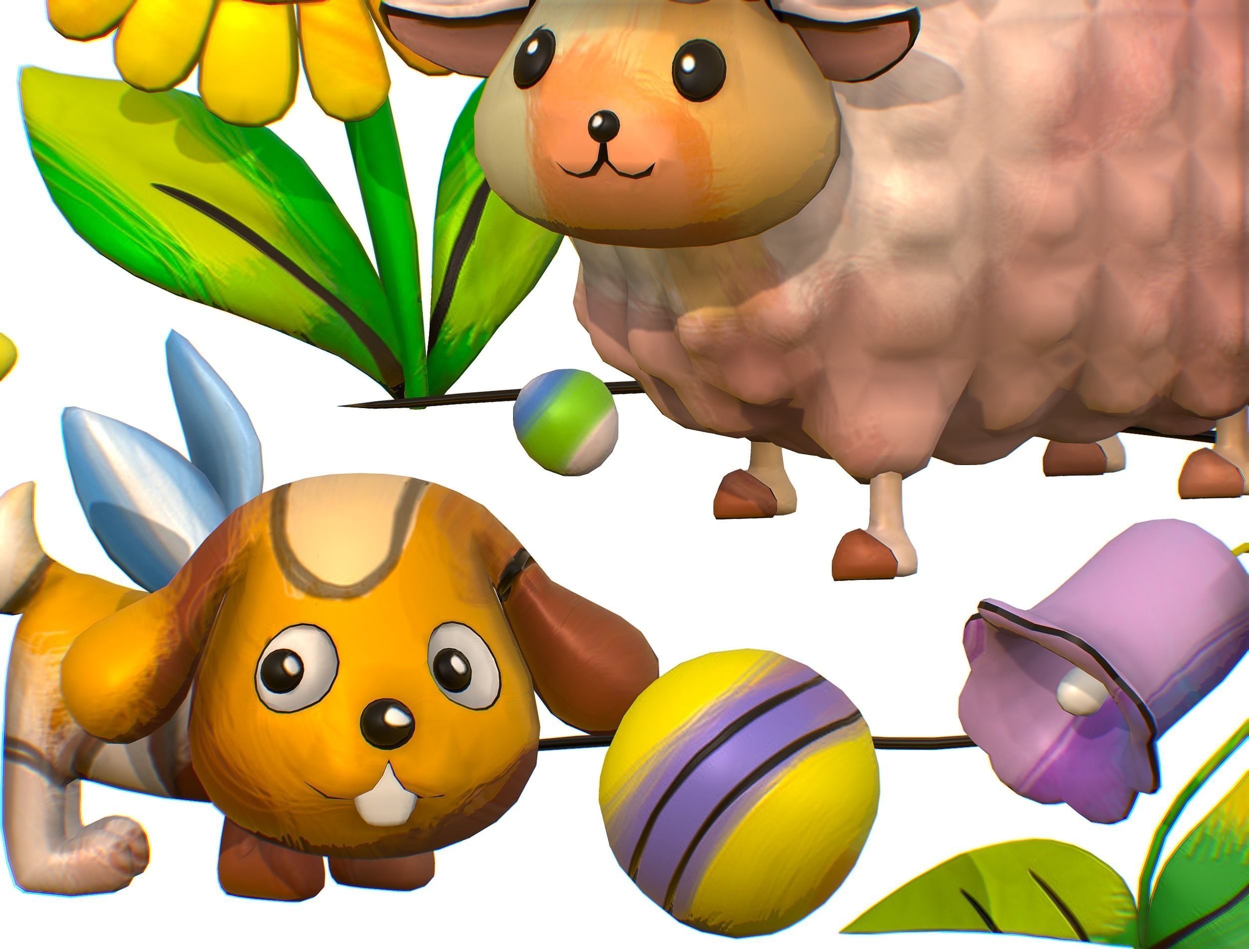 Cartoon 3D illustration Dog Sheep Sunflower Bird 3D model_11