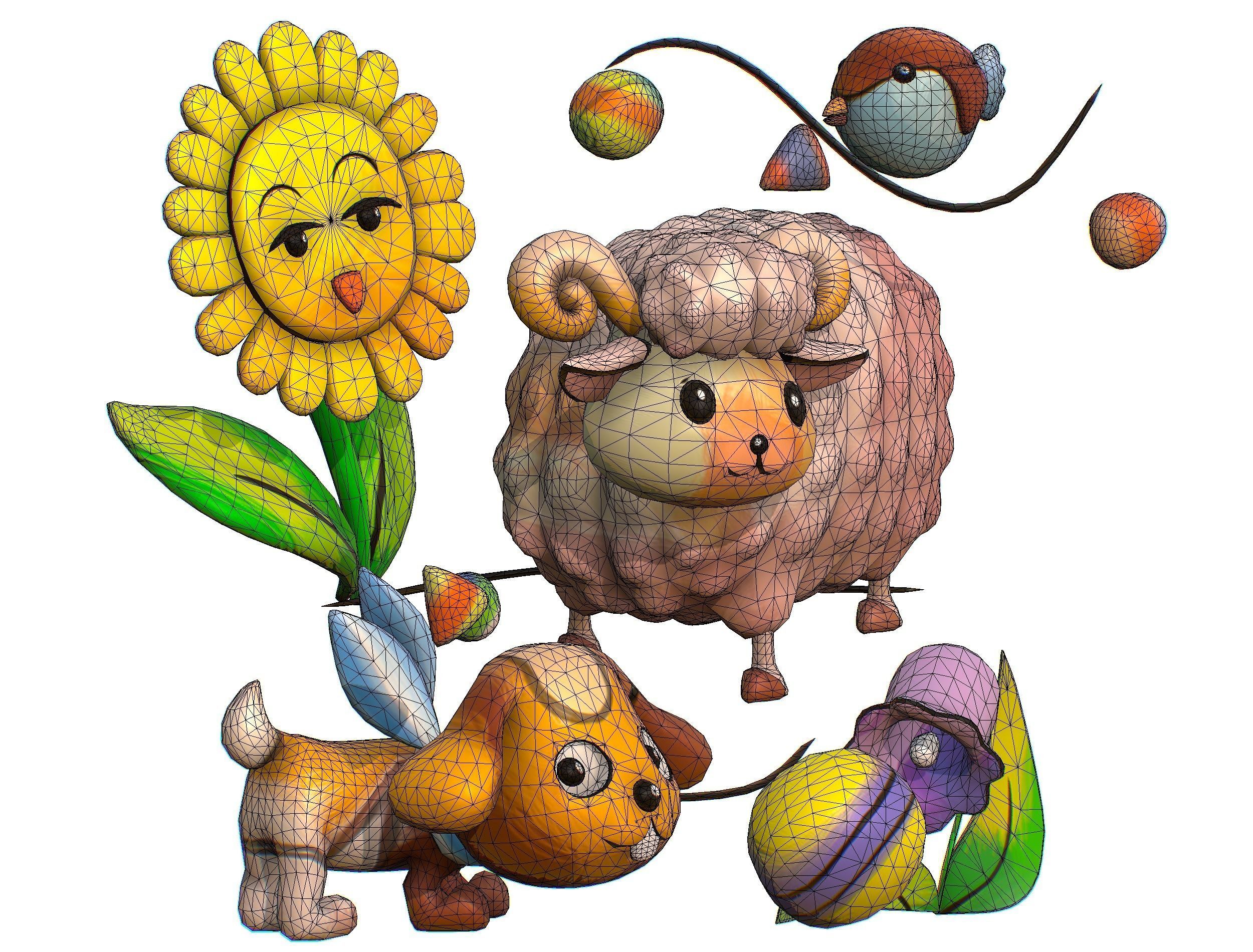 Cartoon 3D illustration Dog Sheep Sunflower Bird 3D model_16