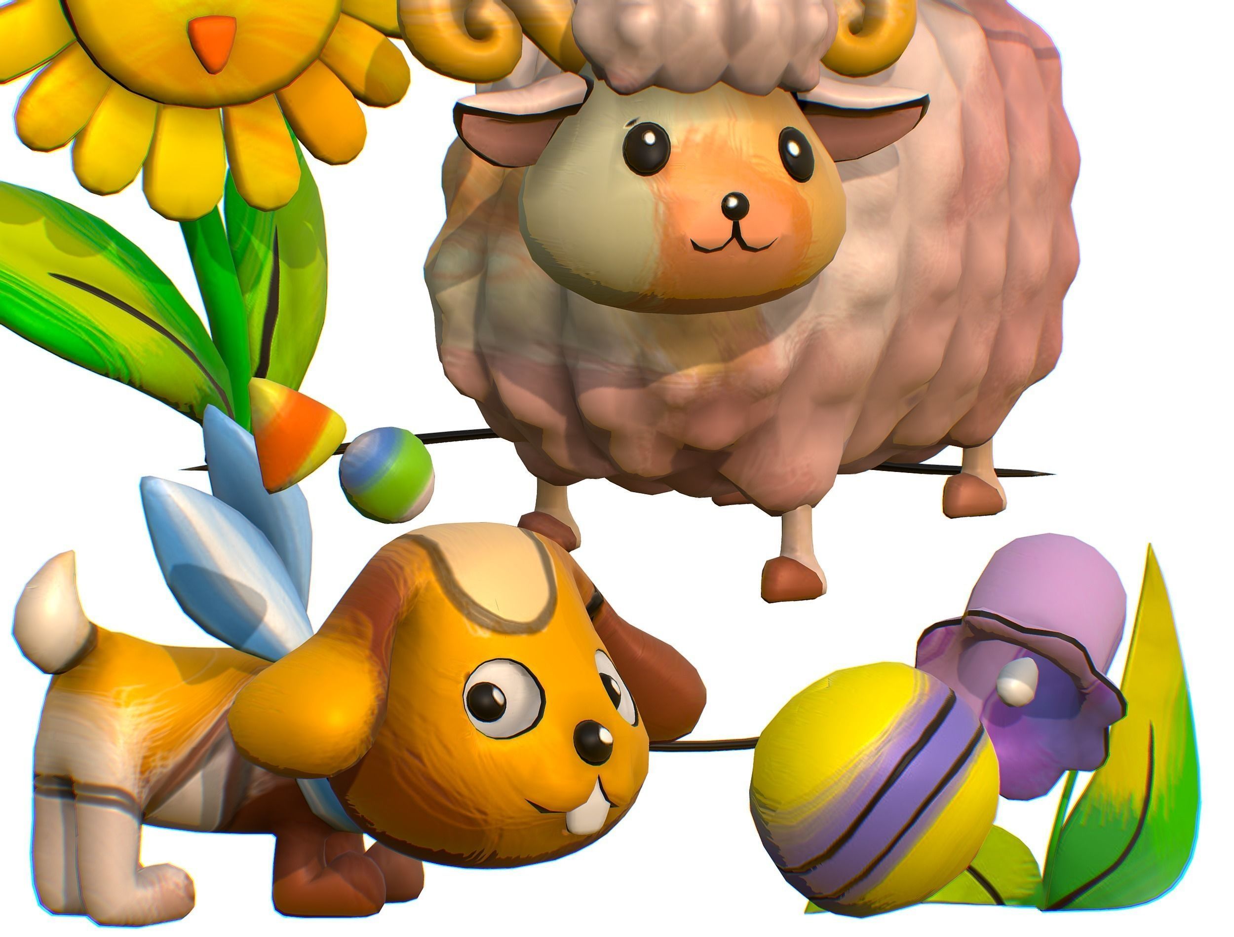 Cartoon 3D illustration Dog Sheep Sunflower Bird 3D model_2