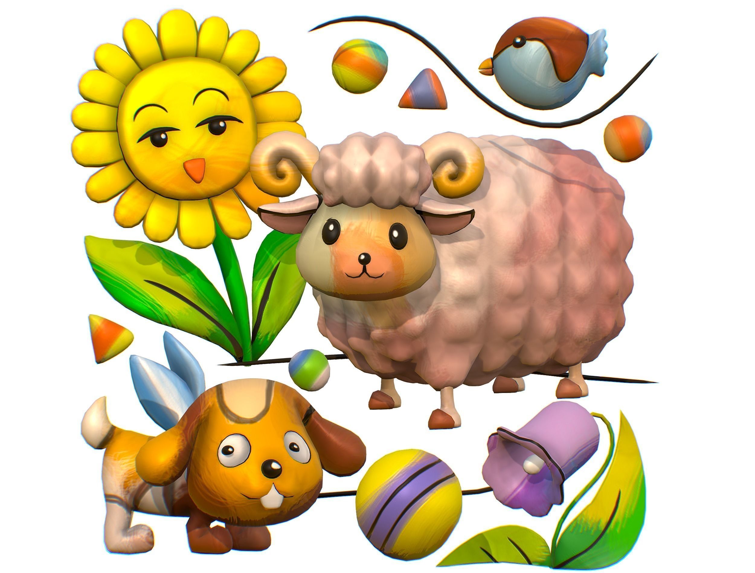 Cartoon 3D illustration Dog Sheep Sunflower Bird 3D model_5