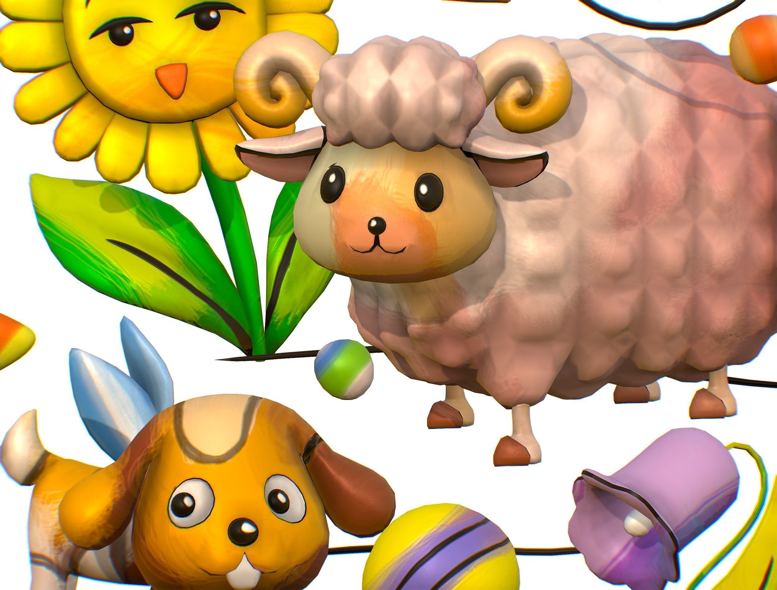 Cartoon 3D illustration Dog Sheep Sunflower Bird 3D model_7