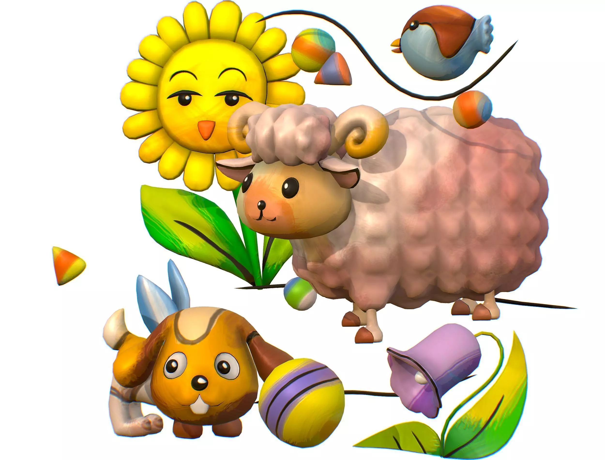 Cartoon 3D illustration Dog Sheep Sunflower Bird 3D model_0