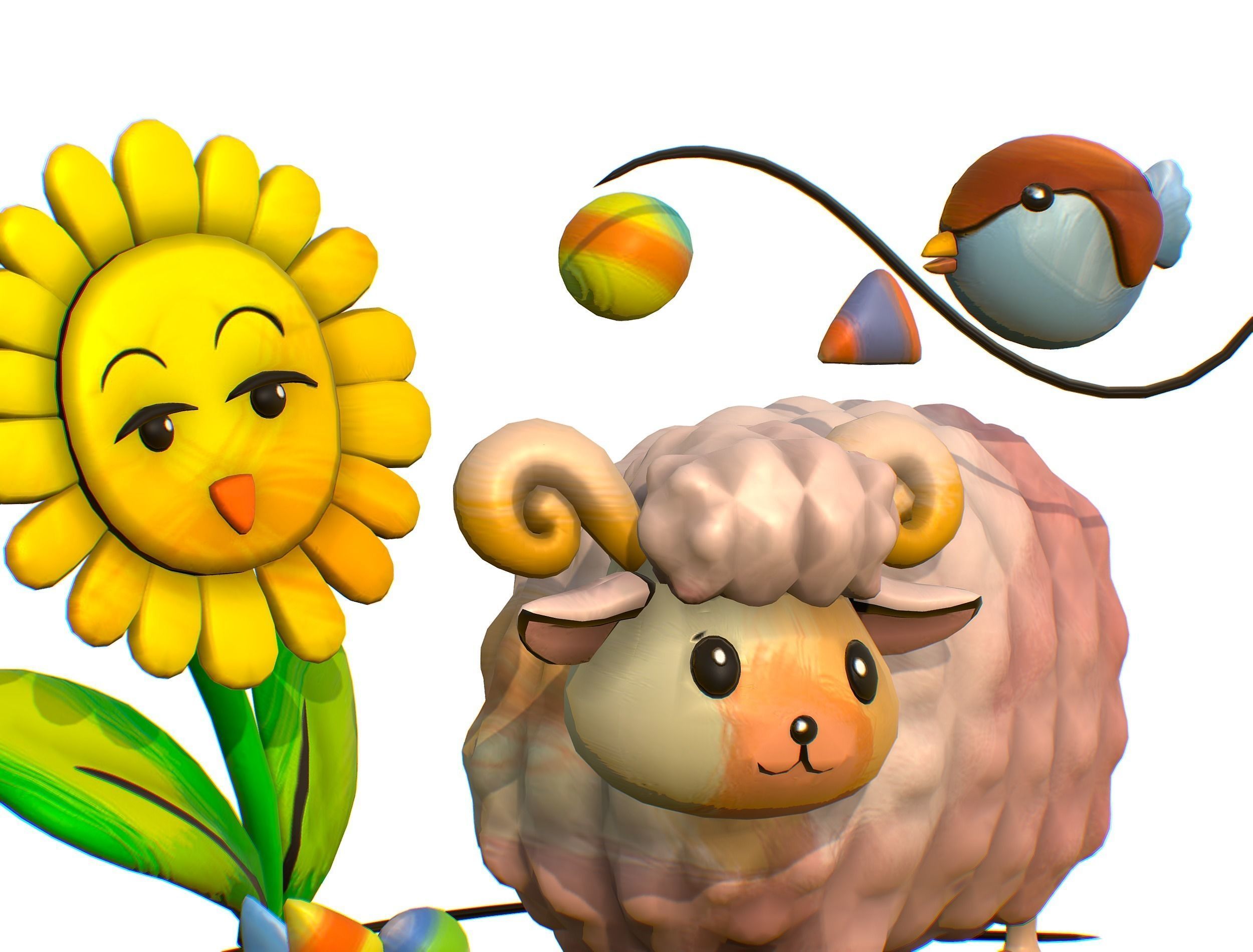 Cartoon 3D illustration Dog Sheep Sunflower Bird 3D model_4