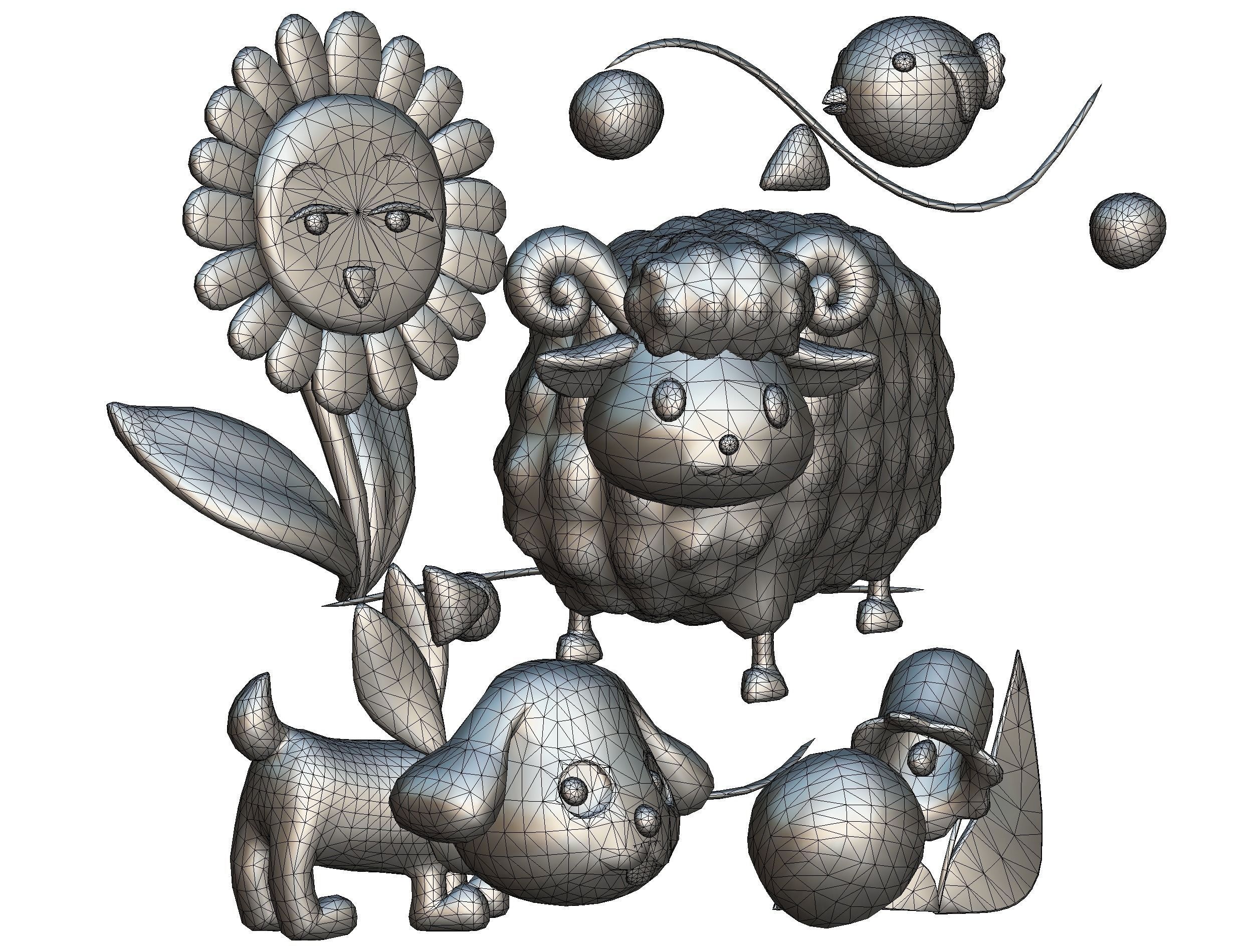 Cartoon 3D illustration Dog Sheep Sunflower Bird 3D model_13