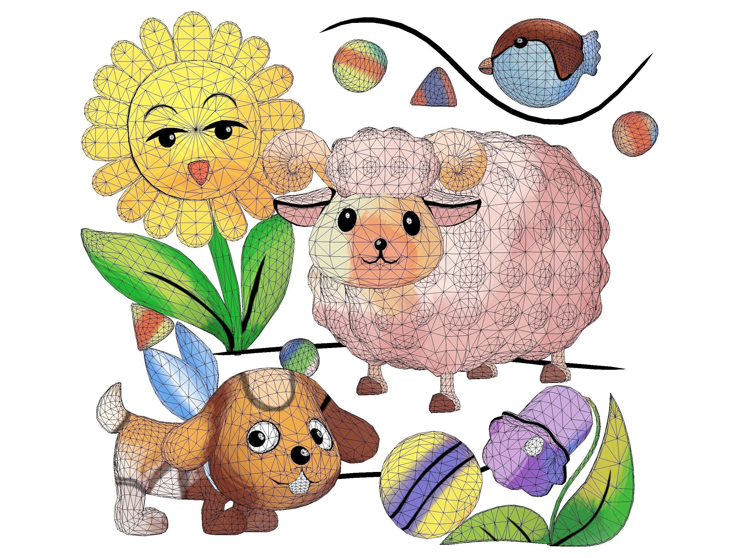 Cartoon 3D illustration Dog Sheep Sunflower Bird 3D model_15
