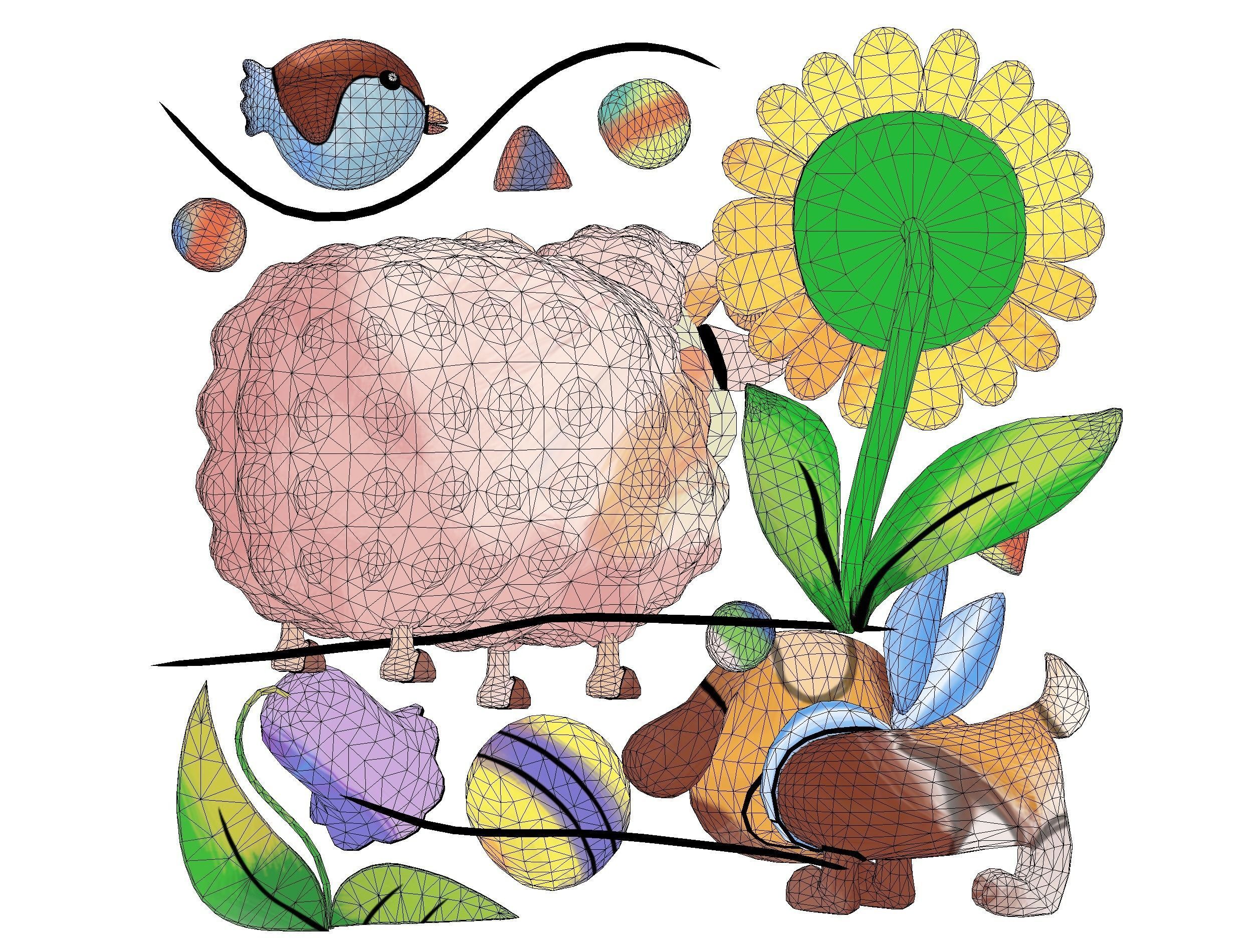 Cartoon 3D illustration Dog Sheep Sunflower Bird 3D model_17