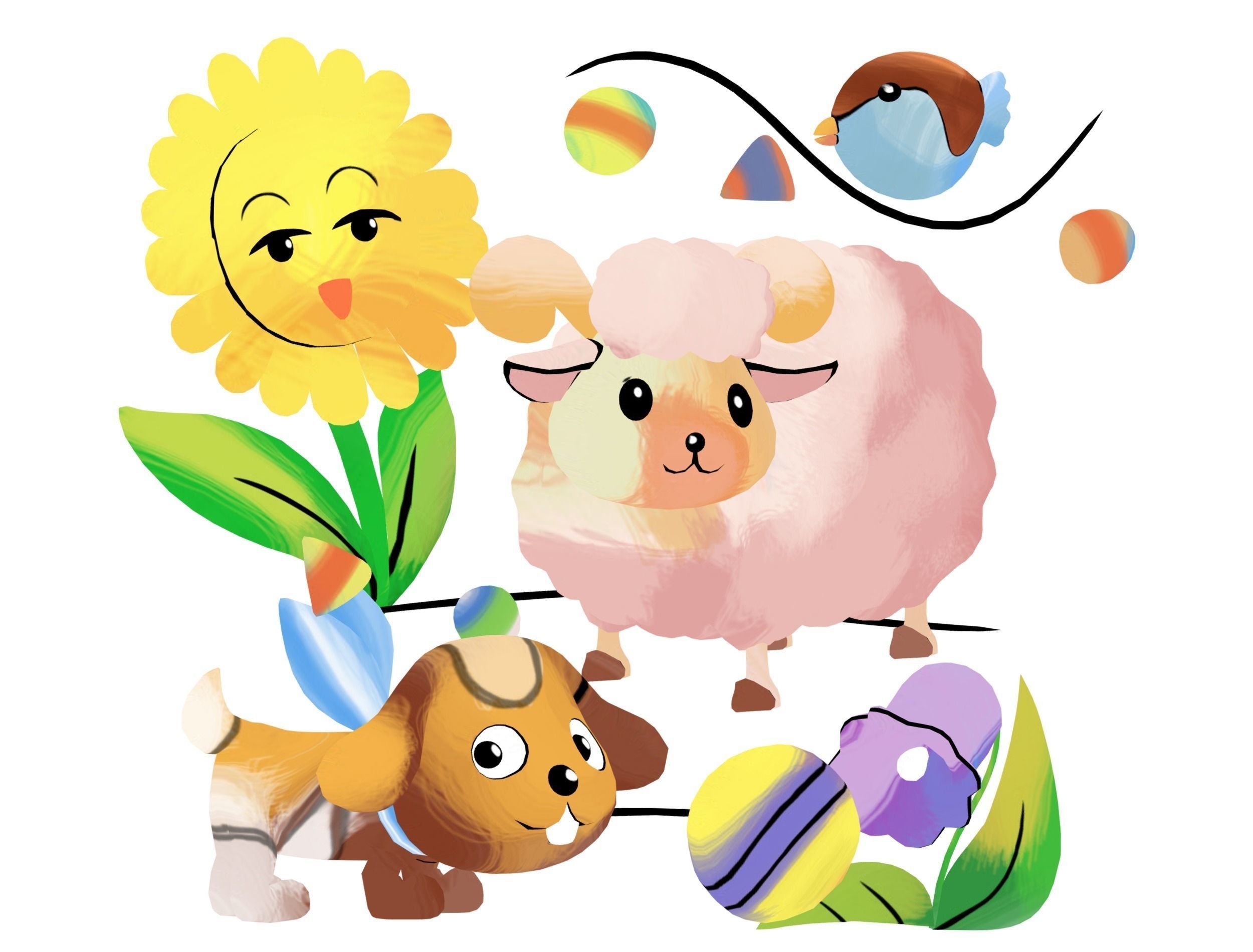 Cartoon 3D illustration Dog Sheep Sunflower Bird 3D model_18
