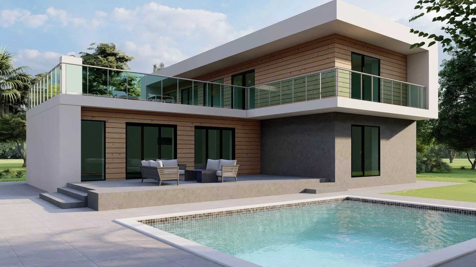 House modern plans with swimming pool Free 3D model