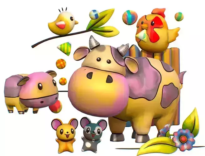 Cartoon 3D illustration Cow Mouse Rooster Chick Low-poly 3D model