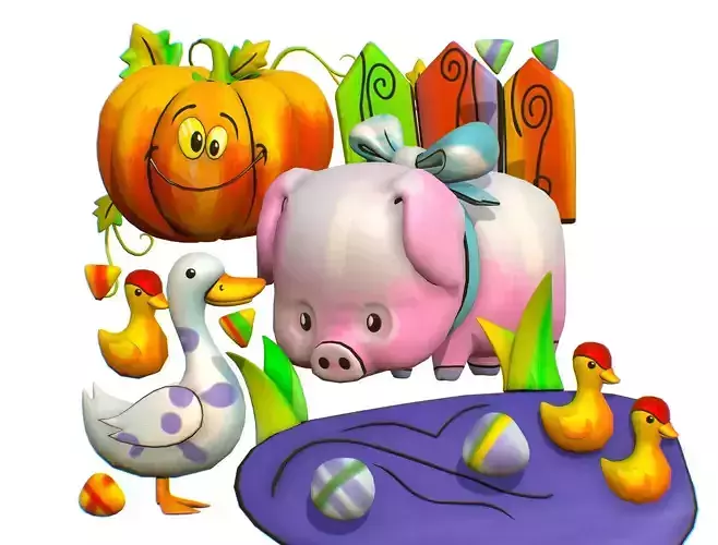 Cartoon 3D illustration Pig Duck Pumpkin Goose Low-poly 3D model