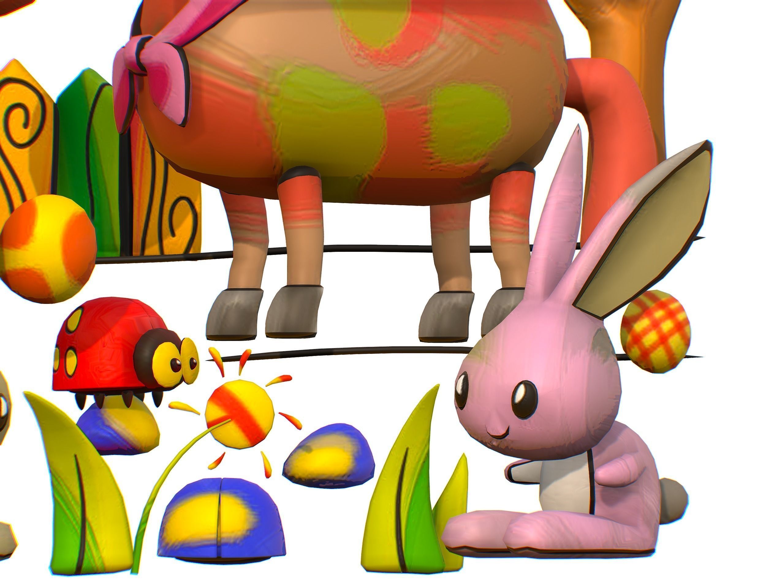 3D illustration Horse Hare Rabbit Ladybird Wood Low-poly 3D model_7