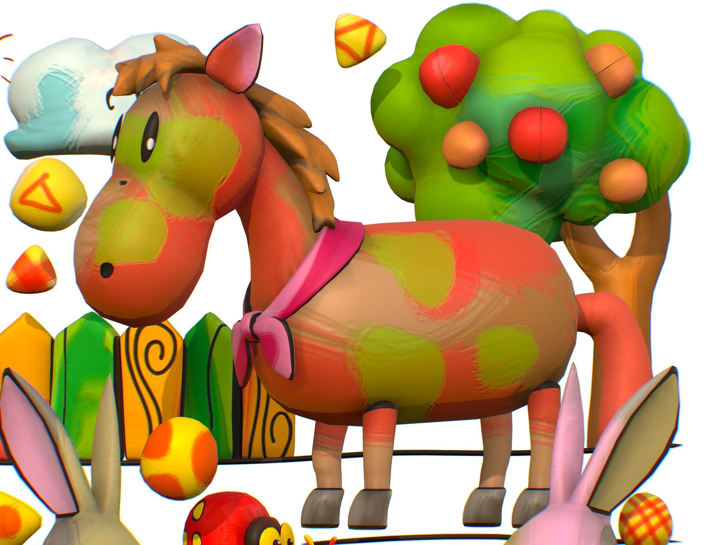 3D illustration Horse Hare Rabbit Ladybird Wood Low-poly 3D model_6