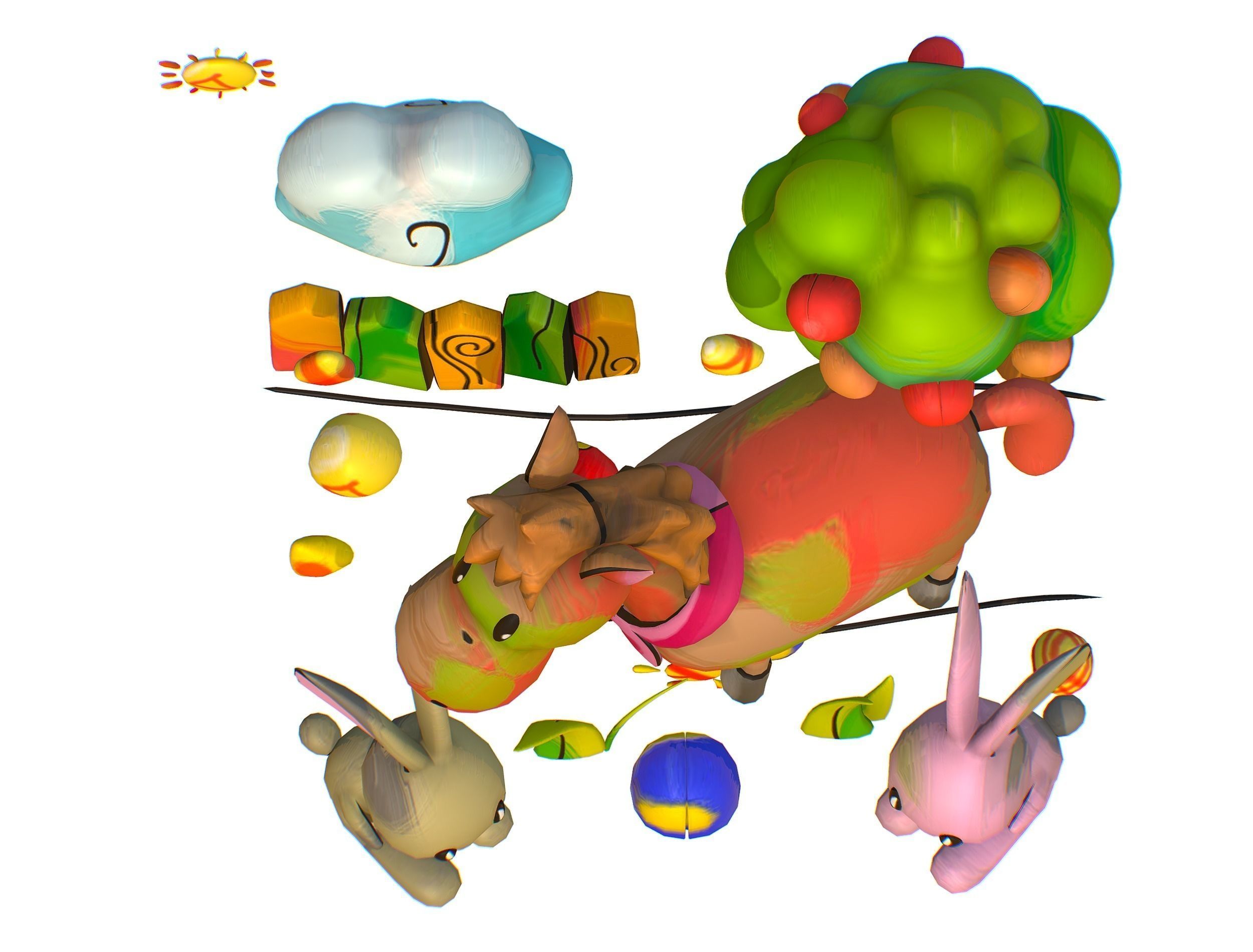 3D illustration Horse Hare Rabbit Ladybird Wood Low-poly 3D model_9