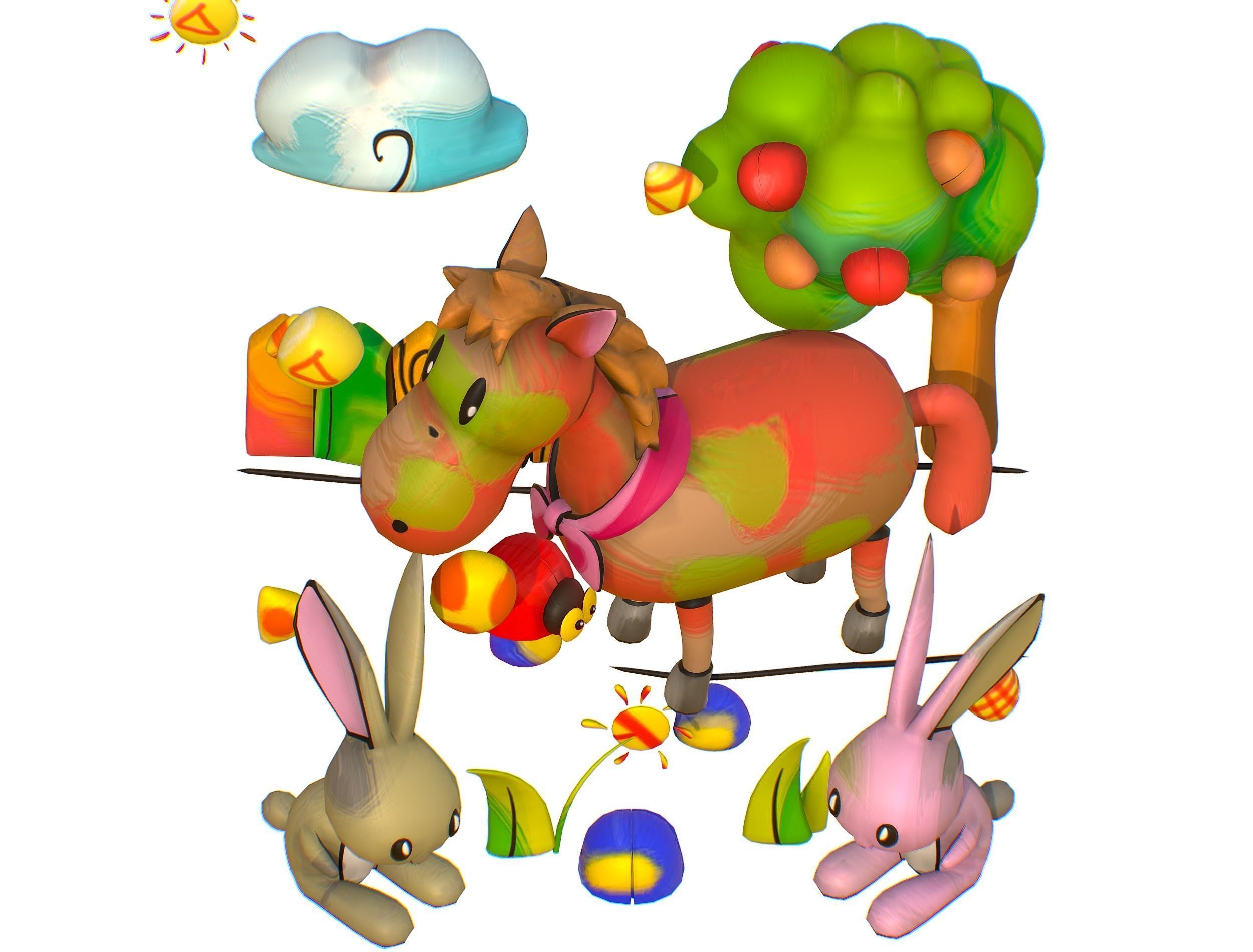 3D illustration Horse Hare Rabbit Ladybird Wood Low-poly 3D model_4