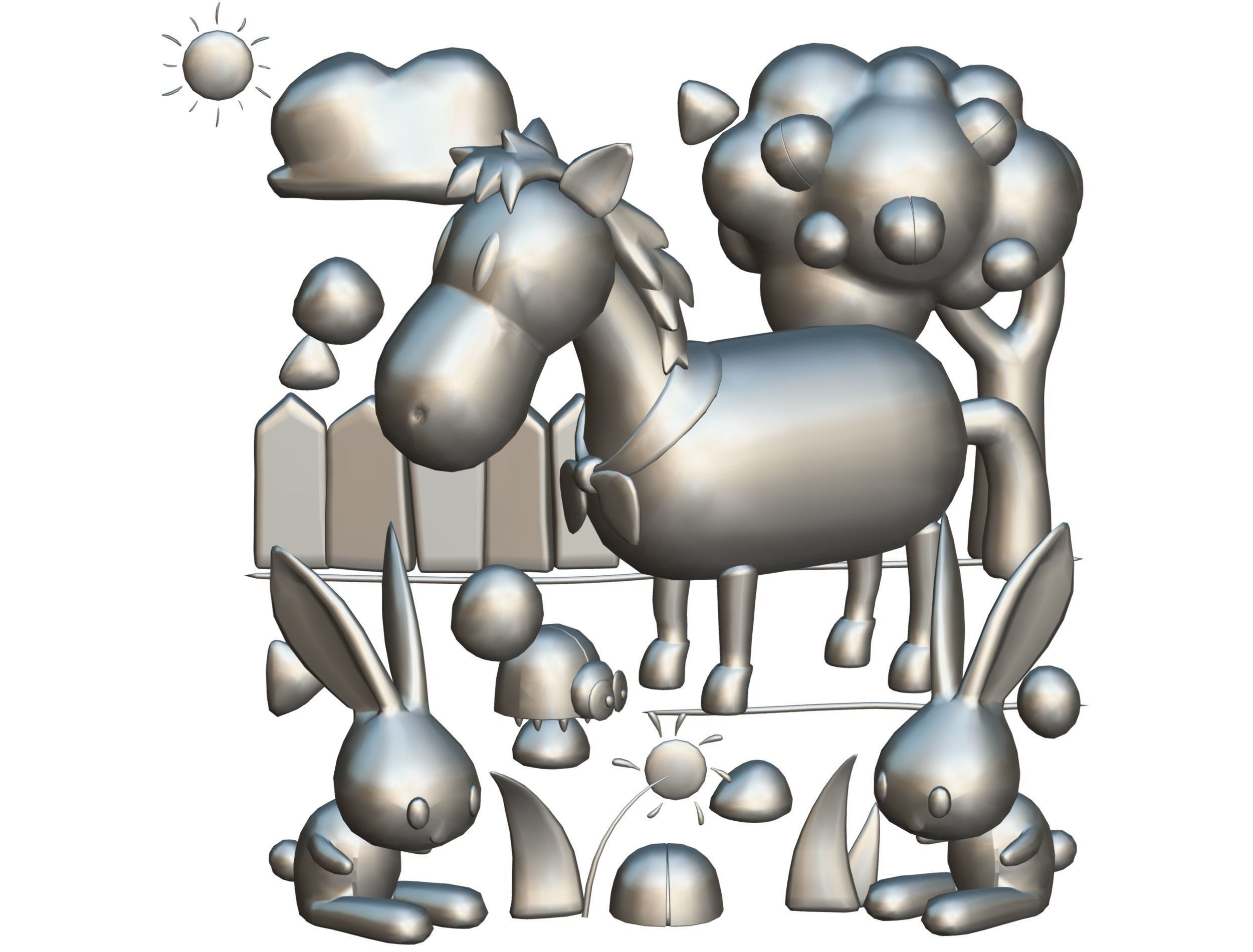 3D illustration Horse Hare Rabbit Ladybird Wood Low-poly 3D model_14