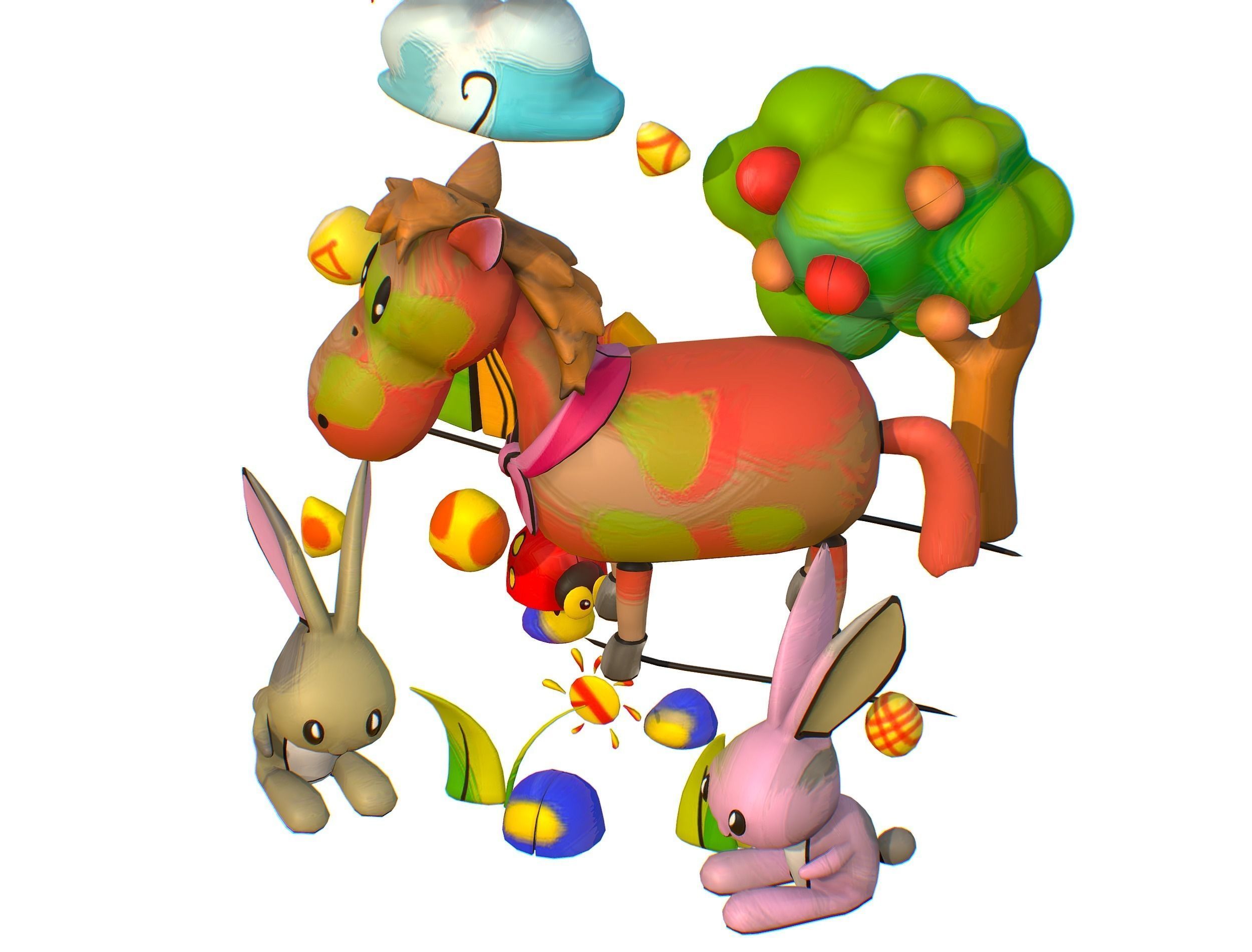 3D illustration Horse Hare Rabbit Ladybird Wood Low-poly 3D model_3