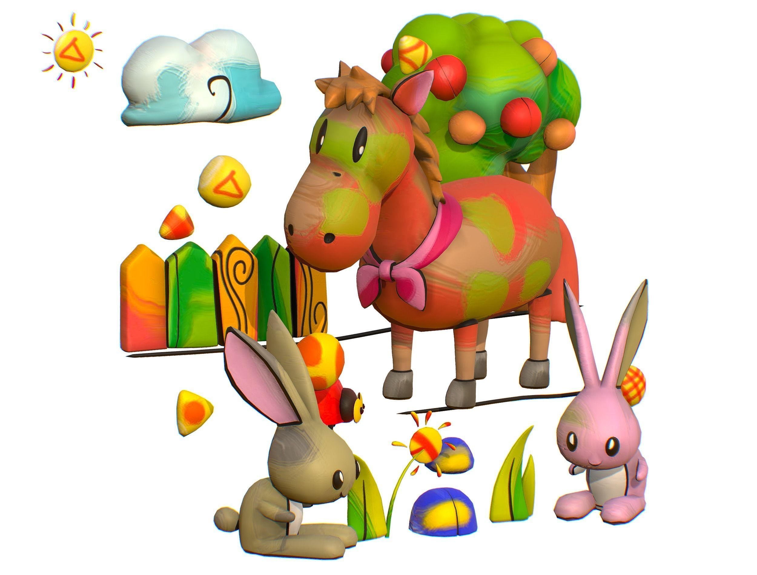 3D illustration Horse Hare Rabbit Ladybird Wood Low-poly 3D model_5