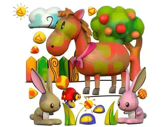 3D illustration Horse Hare Rabbit Ladybird Wood Low-poly 3D model