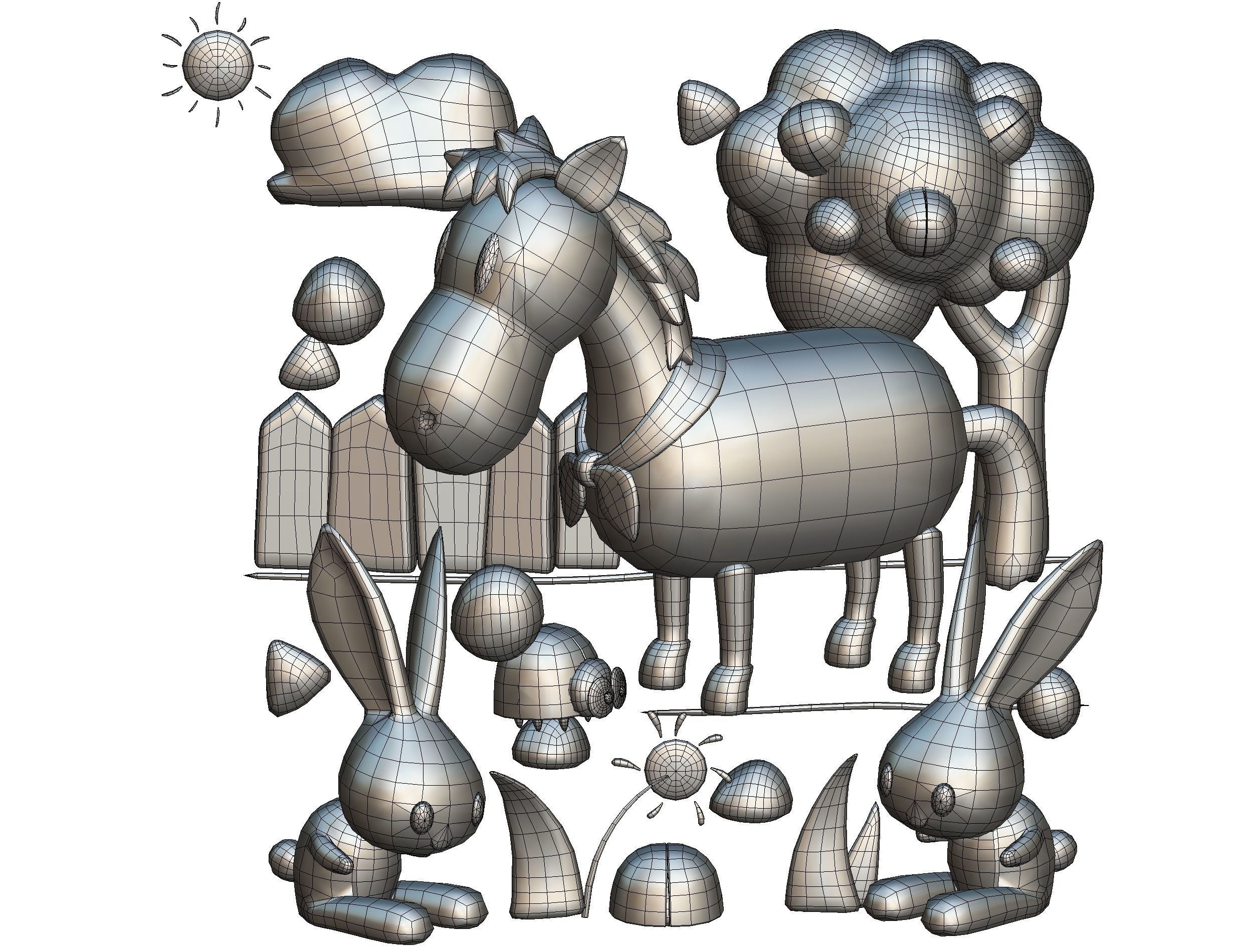 3D illustration Horse Hare Rabbit Ladybird Wood Low-poly 3D model_15