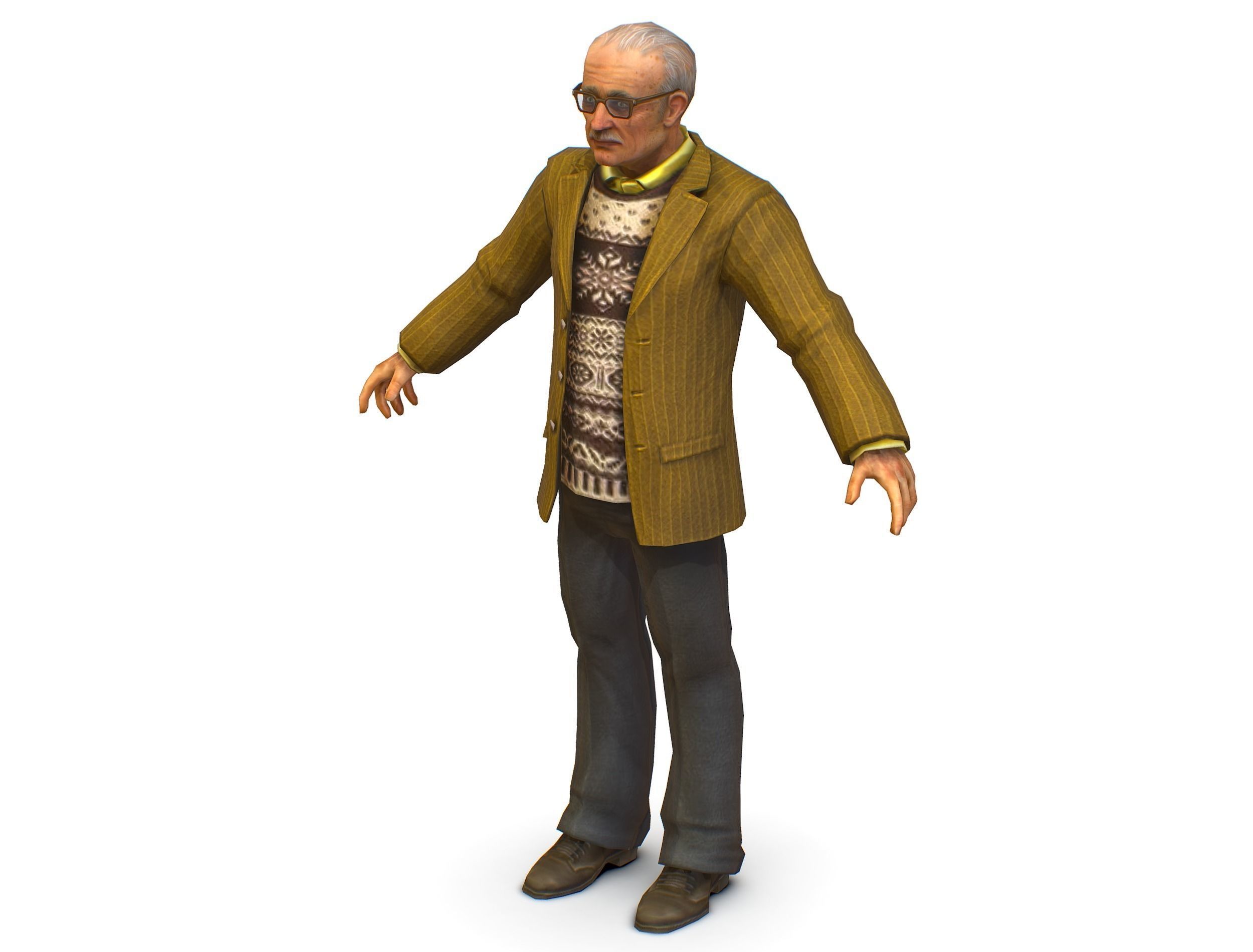 Old Man Professor Sweater Jacket Glasses Low-poly 3D model_11
