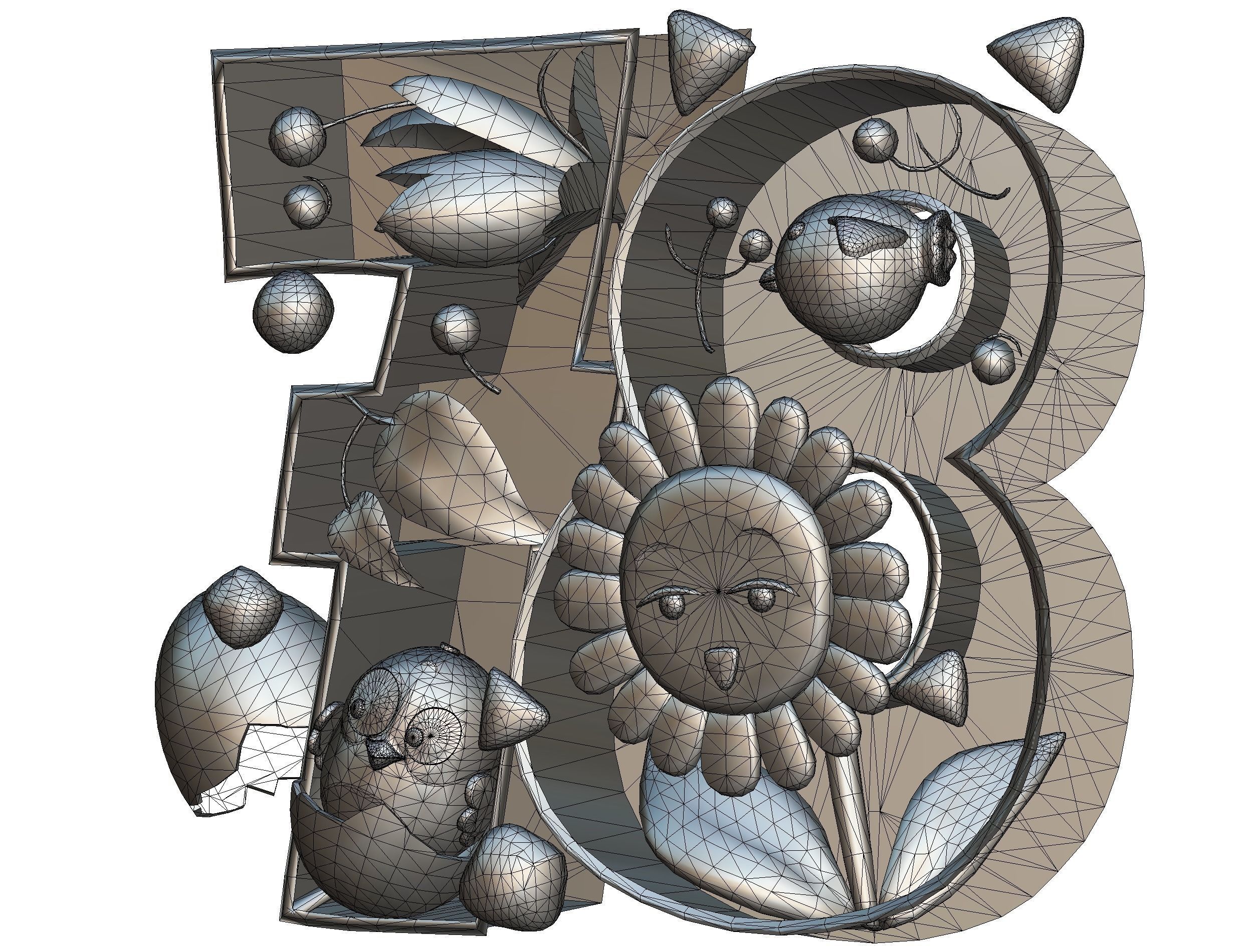 Cartoon 3D illustration Number 7 8 Bird Flower Low-poly 3D model_20