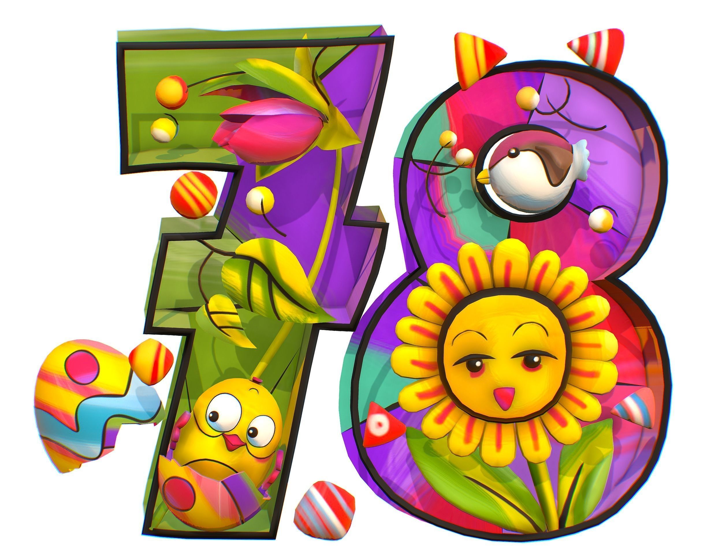 Cartoon 3D illustration Number 7 8 Bird Flower Low-poly 3D model_12