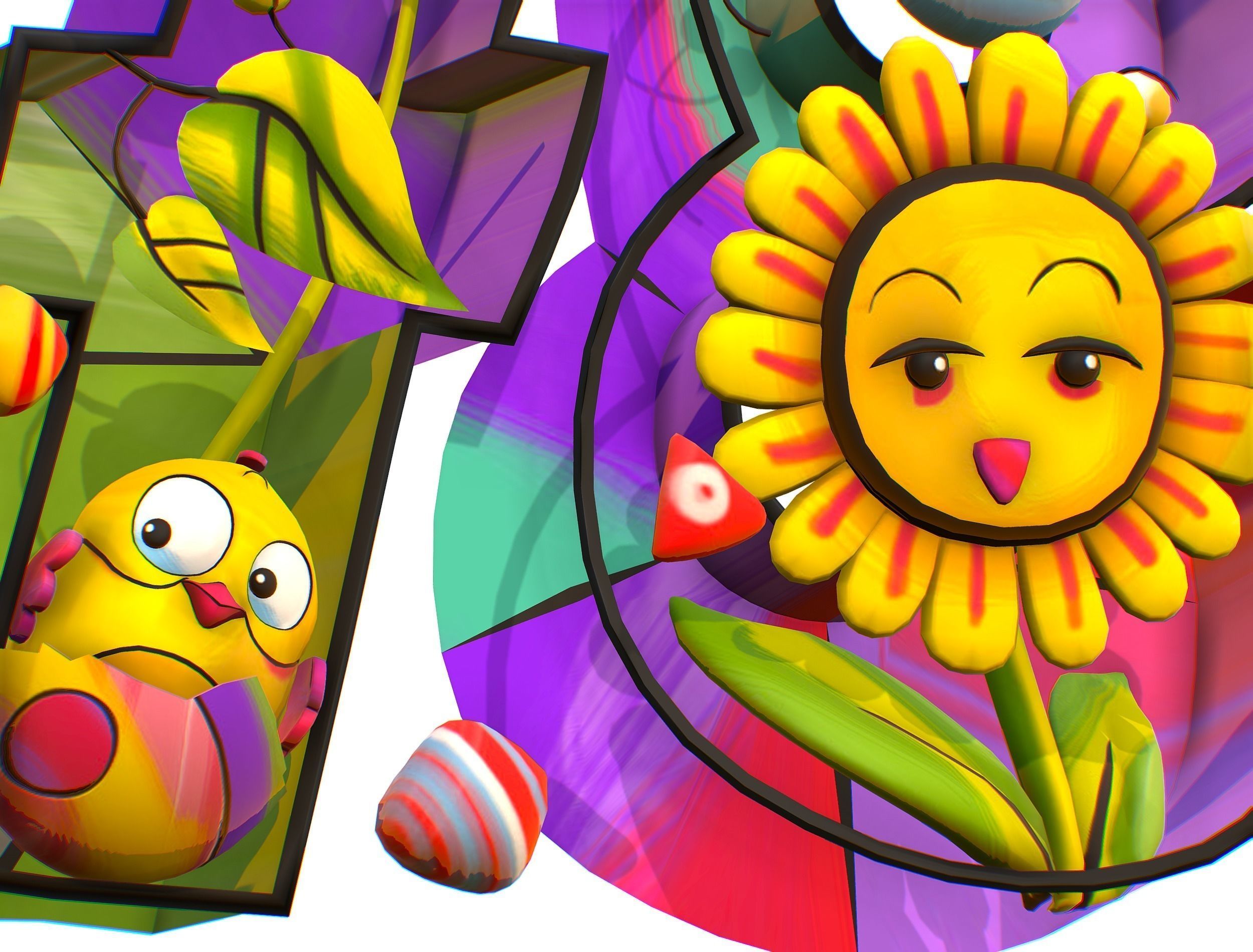 Cartoon 3D illustration Number 7 8 Bird Flower Low-poly 3D model_11