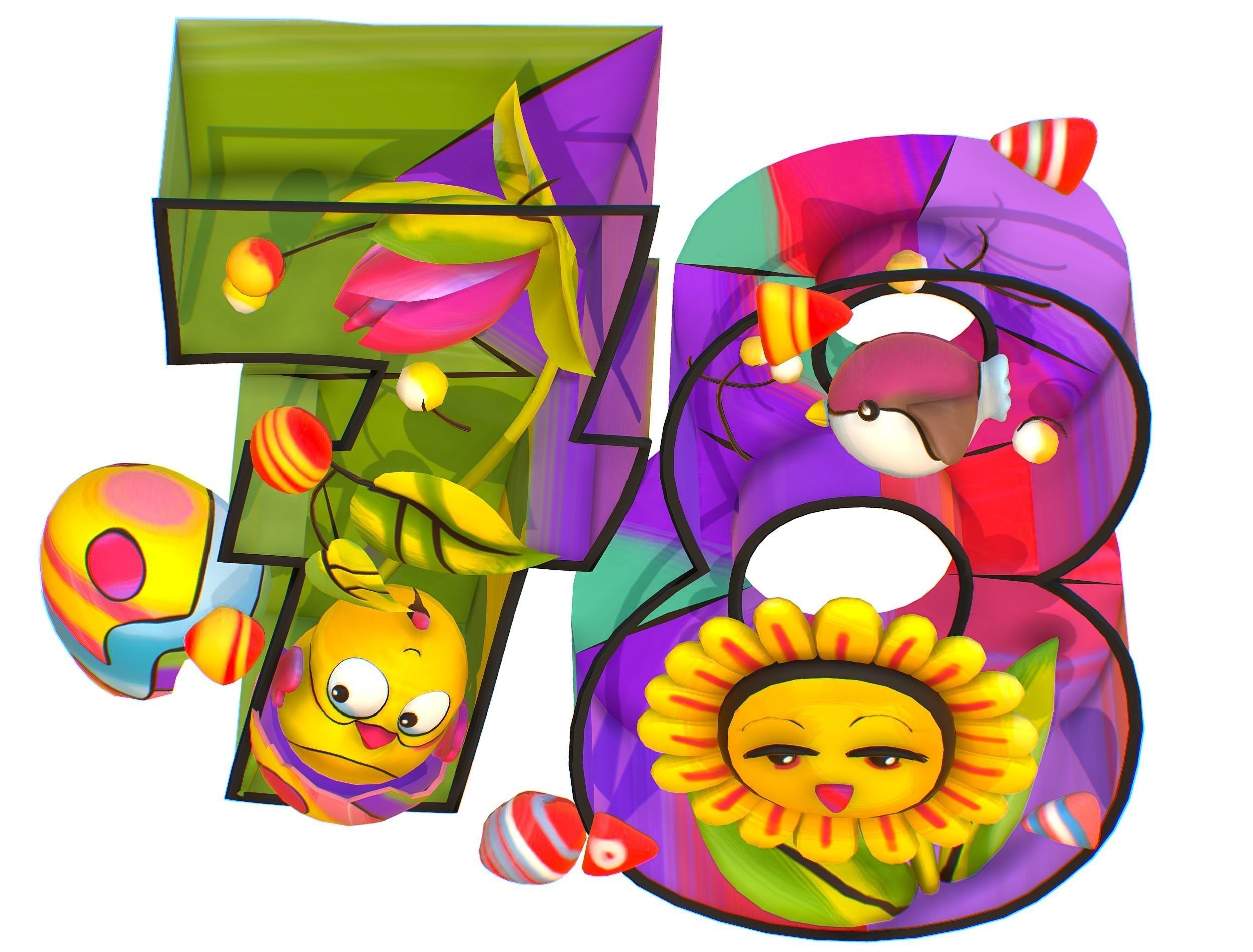 Cartoon 3D illustration Number 7 8 Bird Flower Low-poly 3D model_13