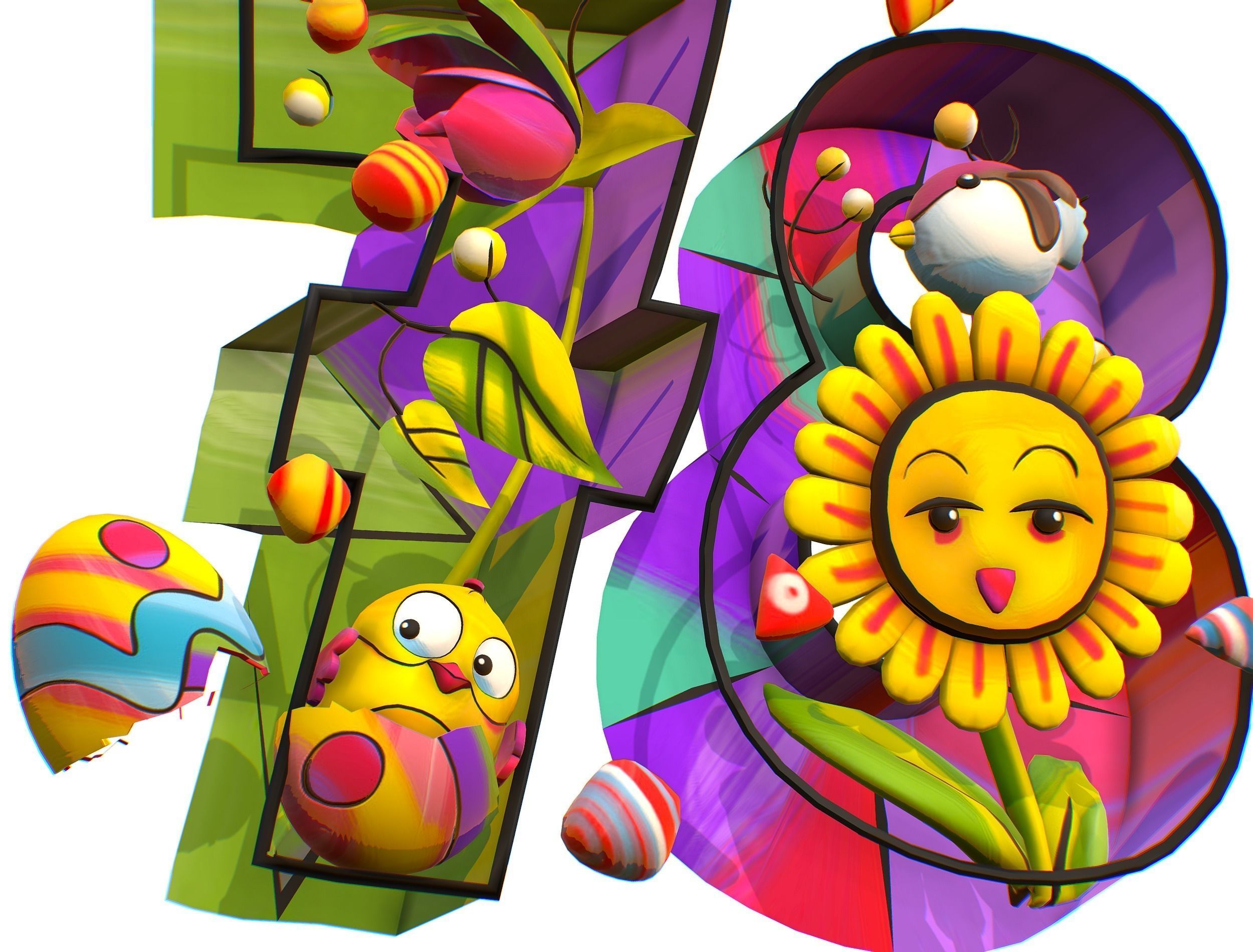 Cartoon 3D illustration Number 7 8 Bird Flower Low-poly 3D model_3