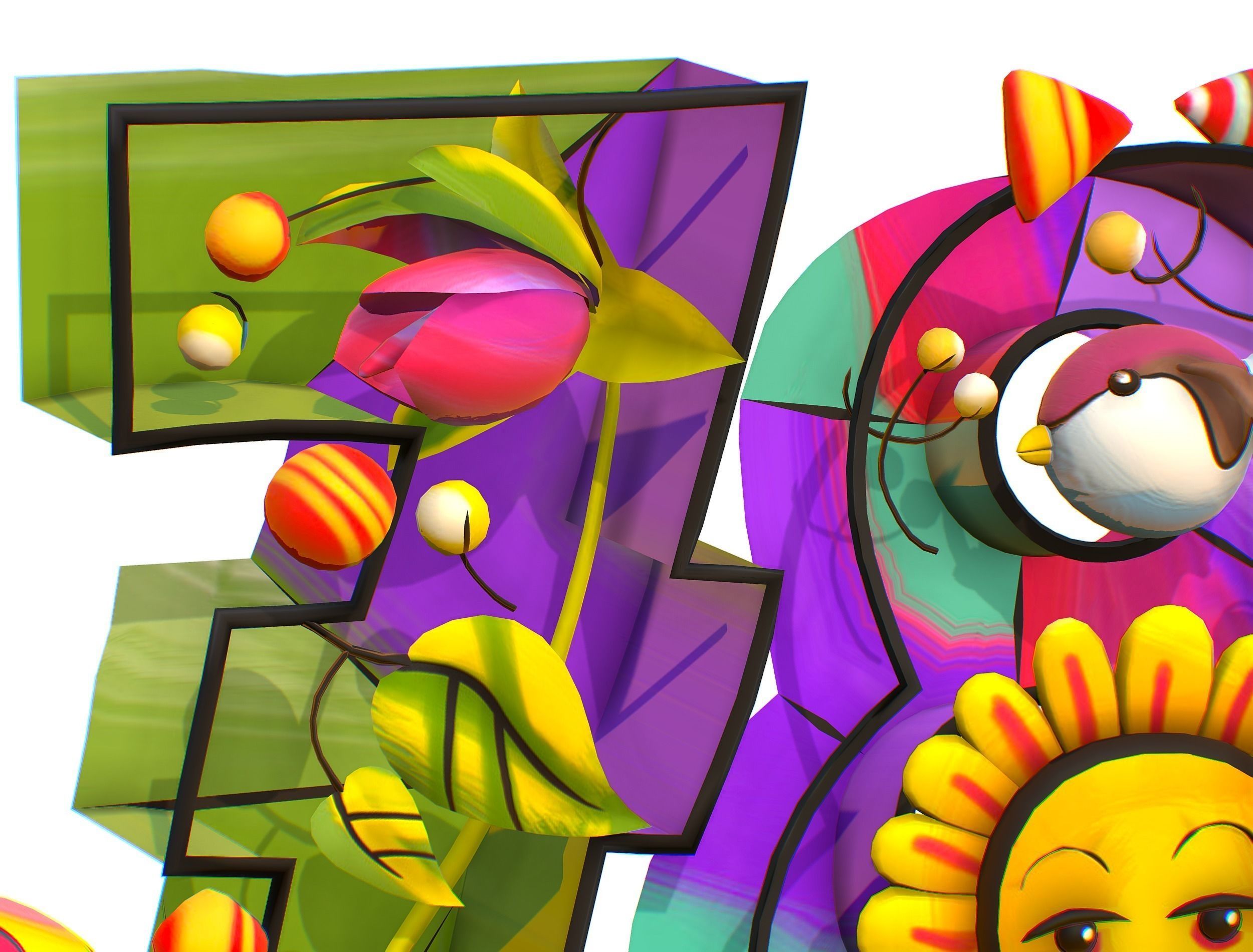 Cartoon 3D illustration Number 7 8 Bird Flower Low-poly 3D model_5