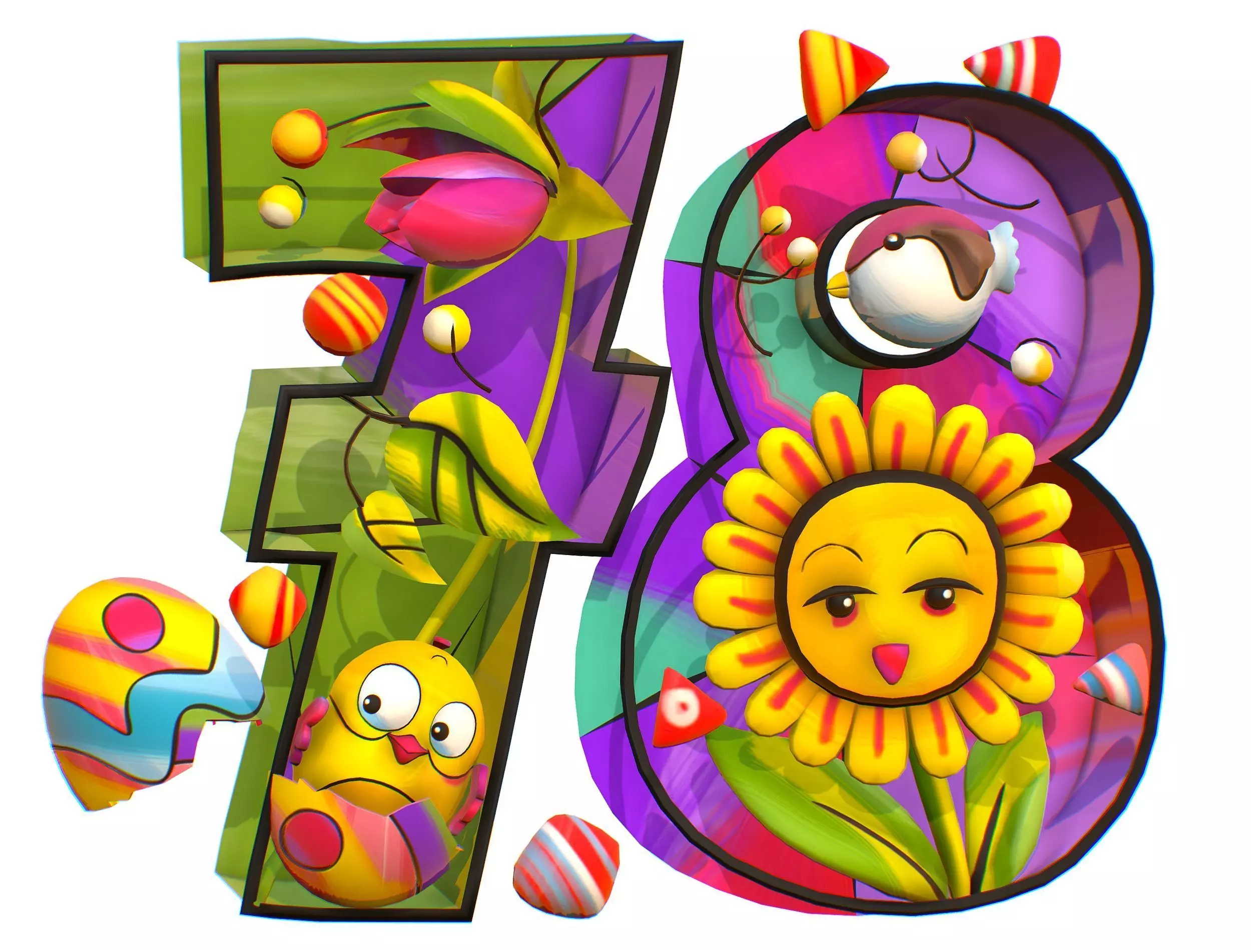 Cartoon 3D illustration Number 7 8 Bird Flower Low-poly 3D model_0