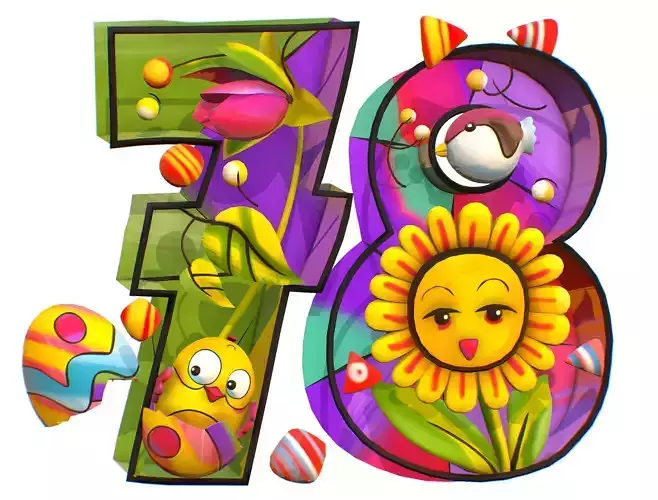 Cartoon 3D illustration Number 7 8 Bird Flower Low-poly 3D model