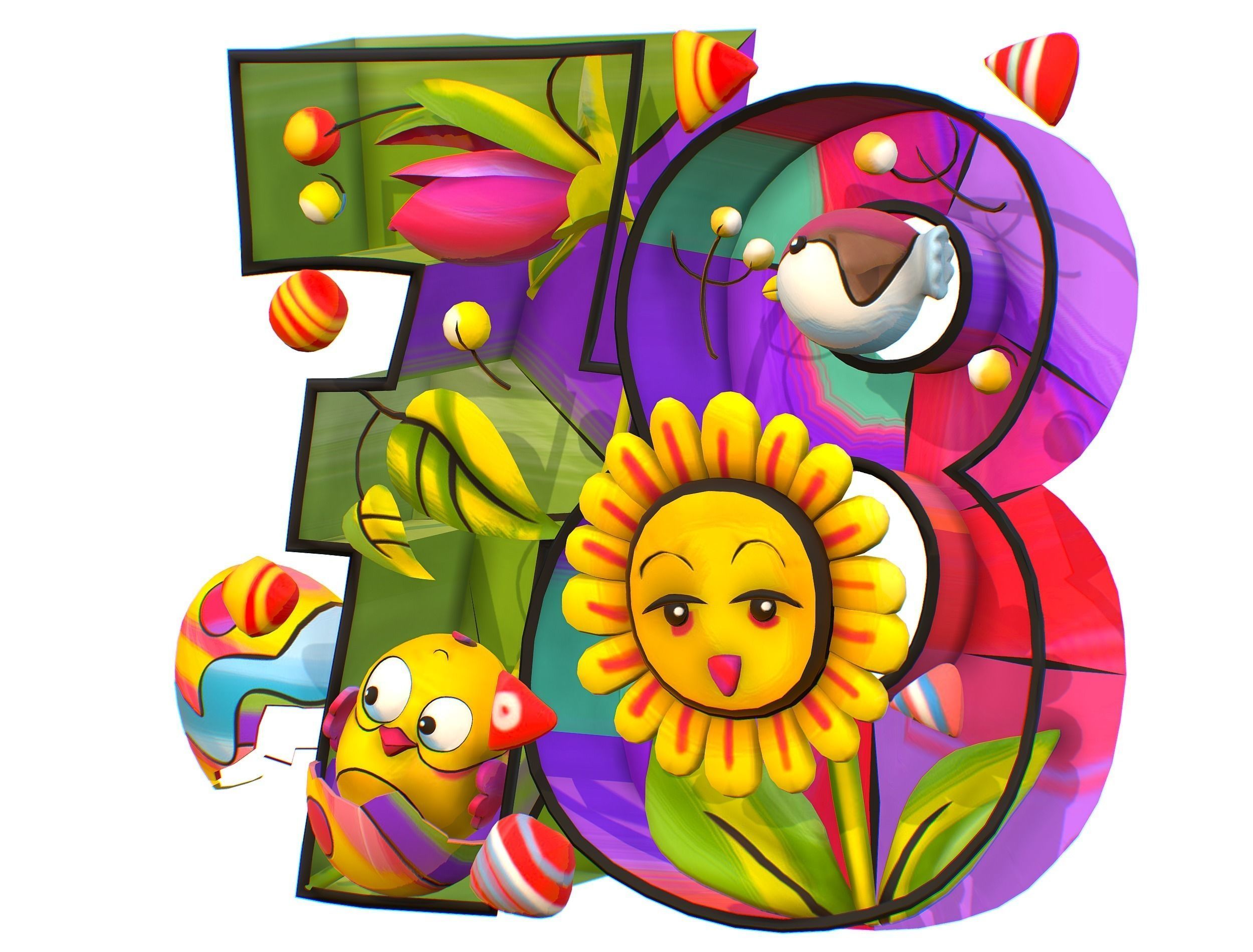Cartoon 3D illustration Number 7 8 Bird Flower Low-poly 3D model_9